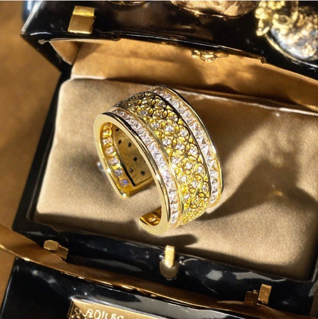 Italian Retro Lace Honeycomb Micro-set Zirconia Open Ring For Women