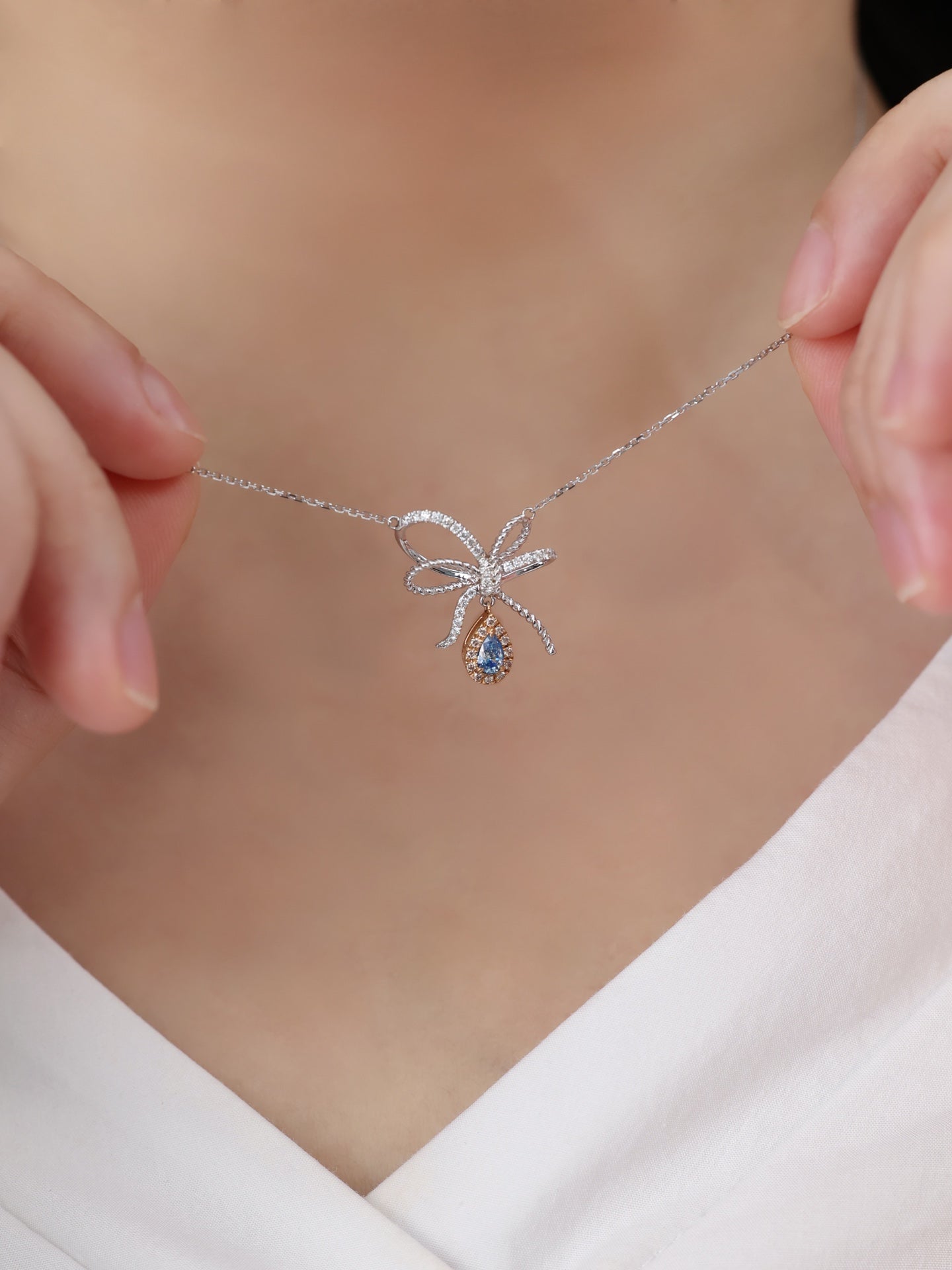 18K Blue Diamond Waterdrop Butterfly Pendant Necklace - Enchanting Jewelry - Blue Diamond Necklace
