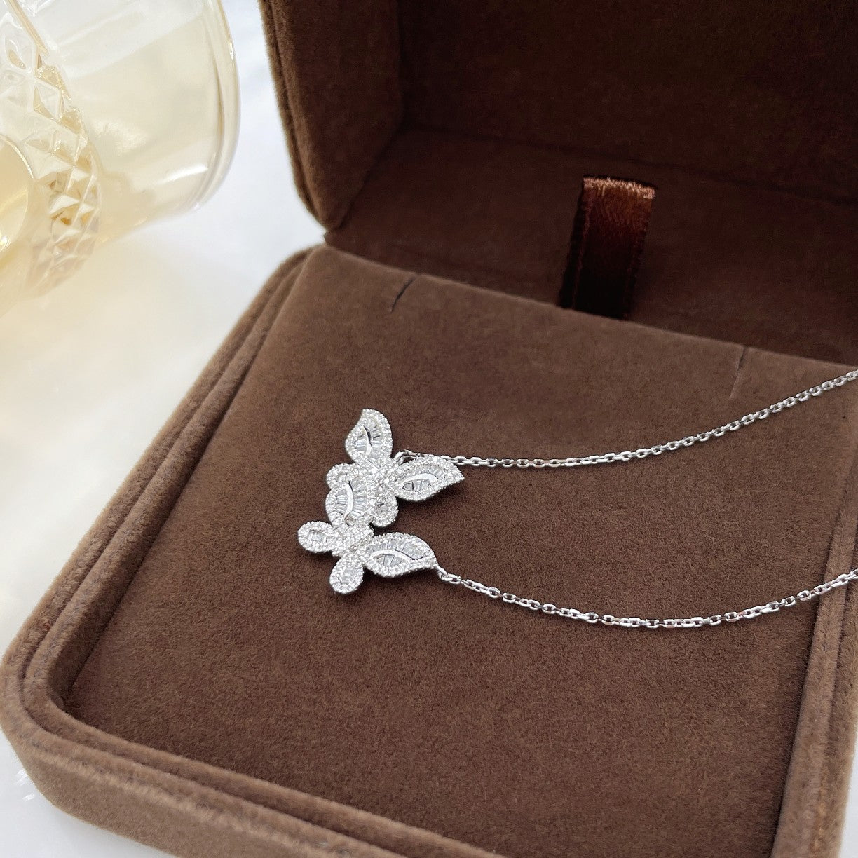18K Diamond Double Butterfly Small Pendant Necklace - White Diamond Necklace