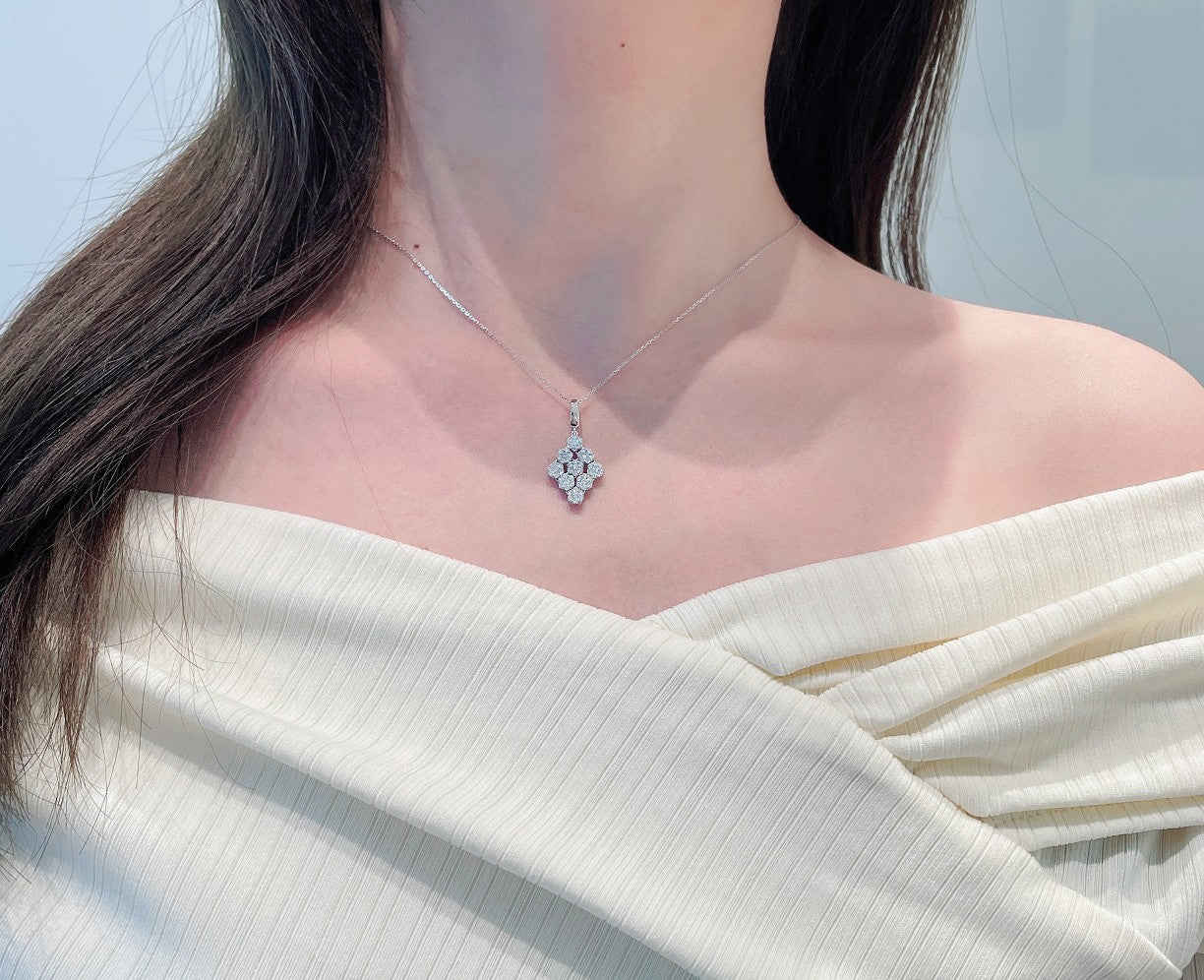 18K Diamond Encrusted Six-Prong Set Diamond Pendant Necklace - Luxury Jewelry - White Diamond Necklace