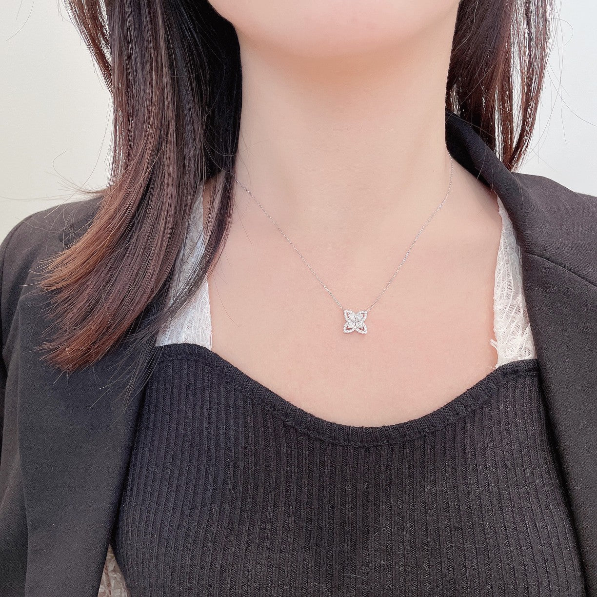 18K Diamond Four-Leaf Marquise Necklace - Exquisite Jewelry - White Diamond Necklace