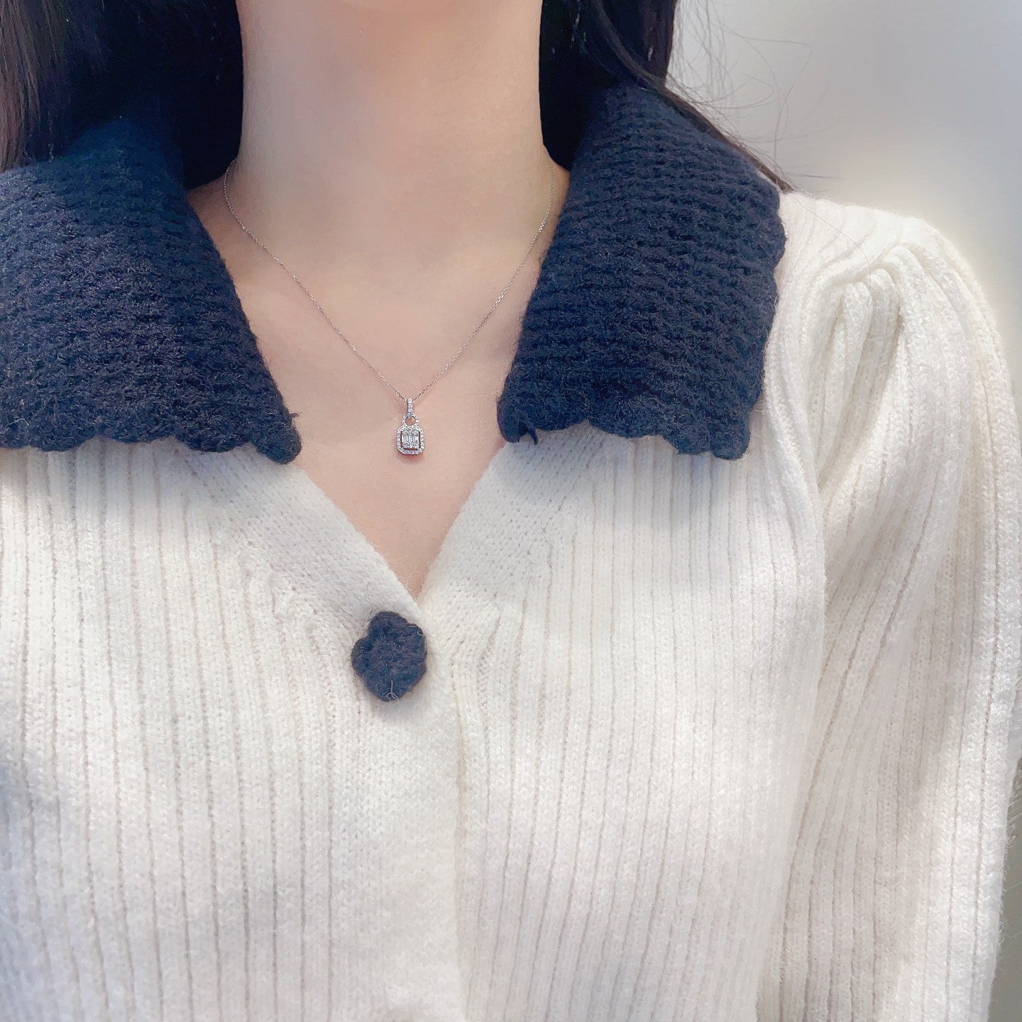18K Diamond Square Sugar Loaf Step Cut Necklace - Elegant Jewelry Piece - White Diamond Necklace