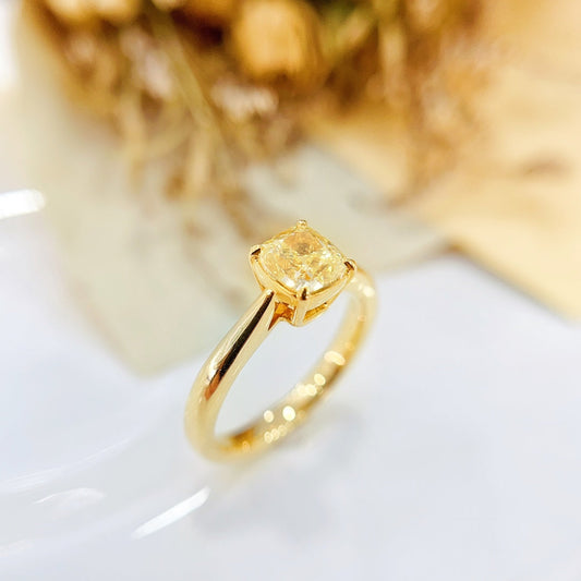 18K Gold Diamond GIA Cushion Cut Classic Four-Prong Ring - GIA Yellow Diamond Ring