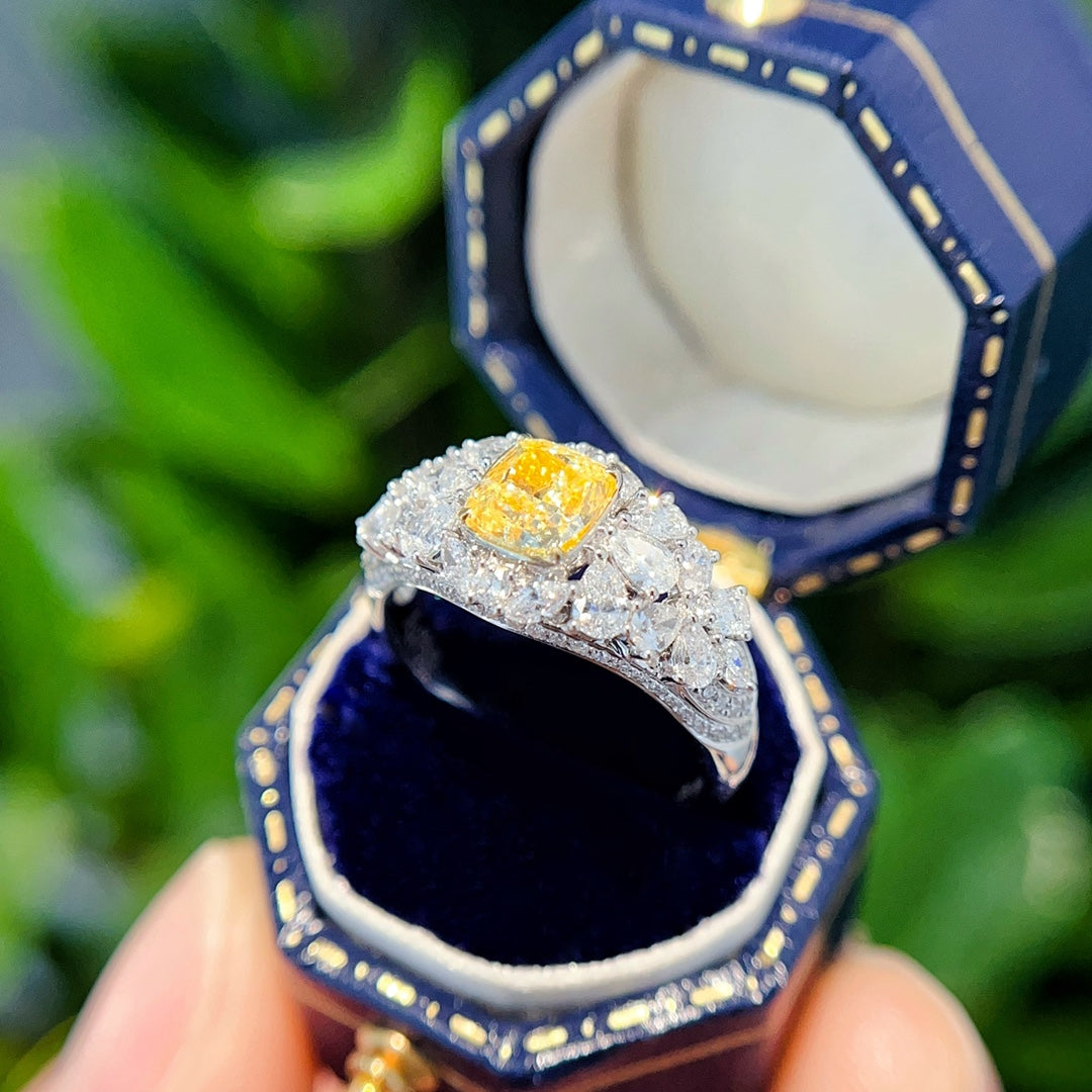 18K Gold Diamond GIA Cushion-Cut Luxuriously Embedded Ring - GIA Yellow Diamond Ring