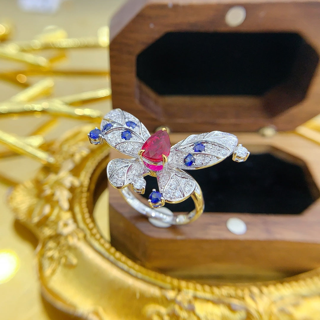18K Gold Ruby Unheated Drop Butterfly Two-Way Wear Jewelry - Red Treasure Ring