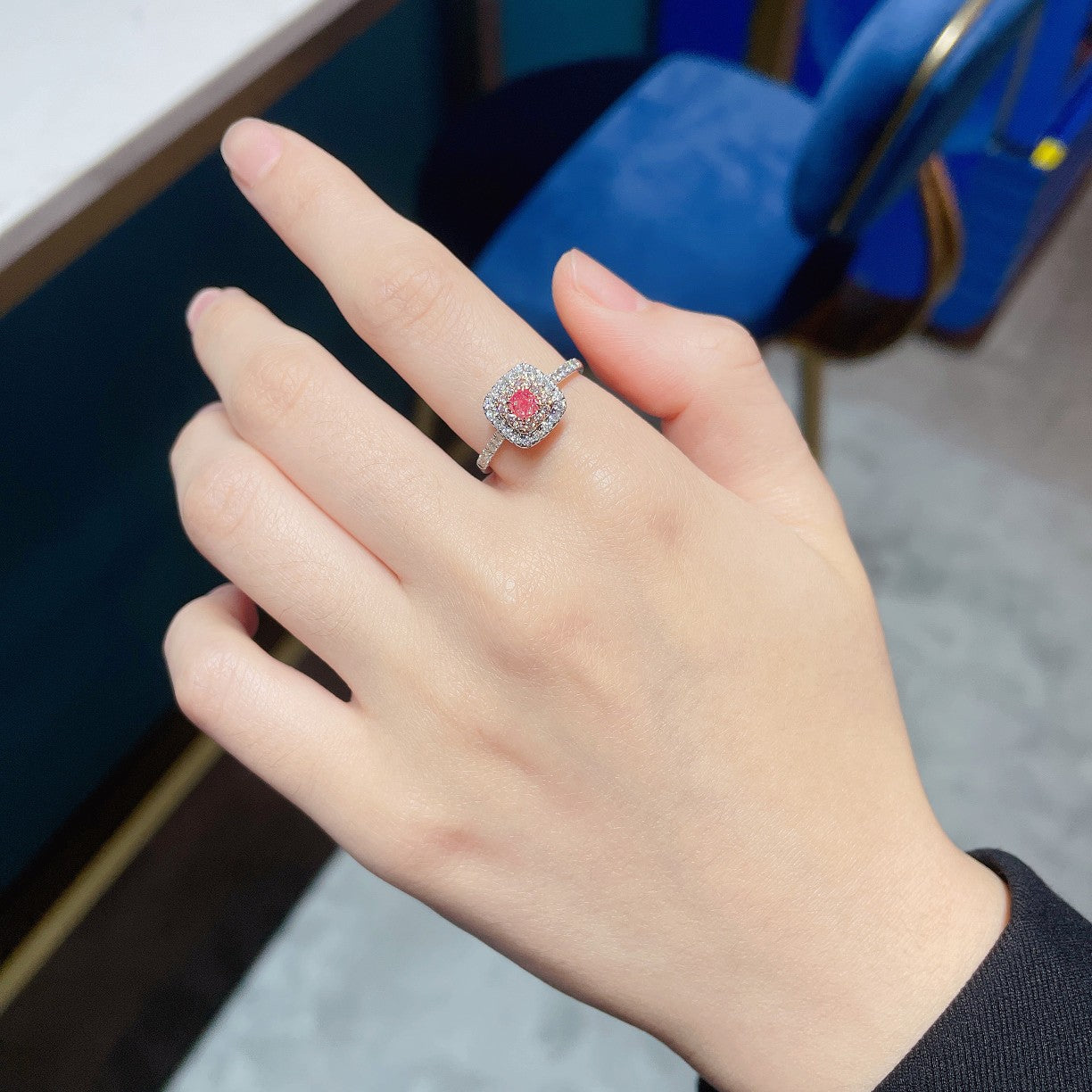 18K Pink Diamond Cushion-Cut Halo Ring - AGL Certified Jewelry - Pink Diamond Ring