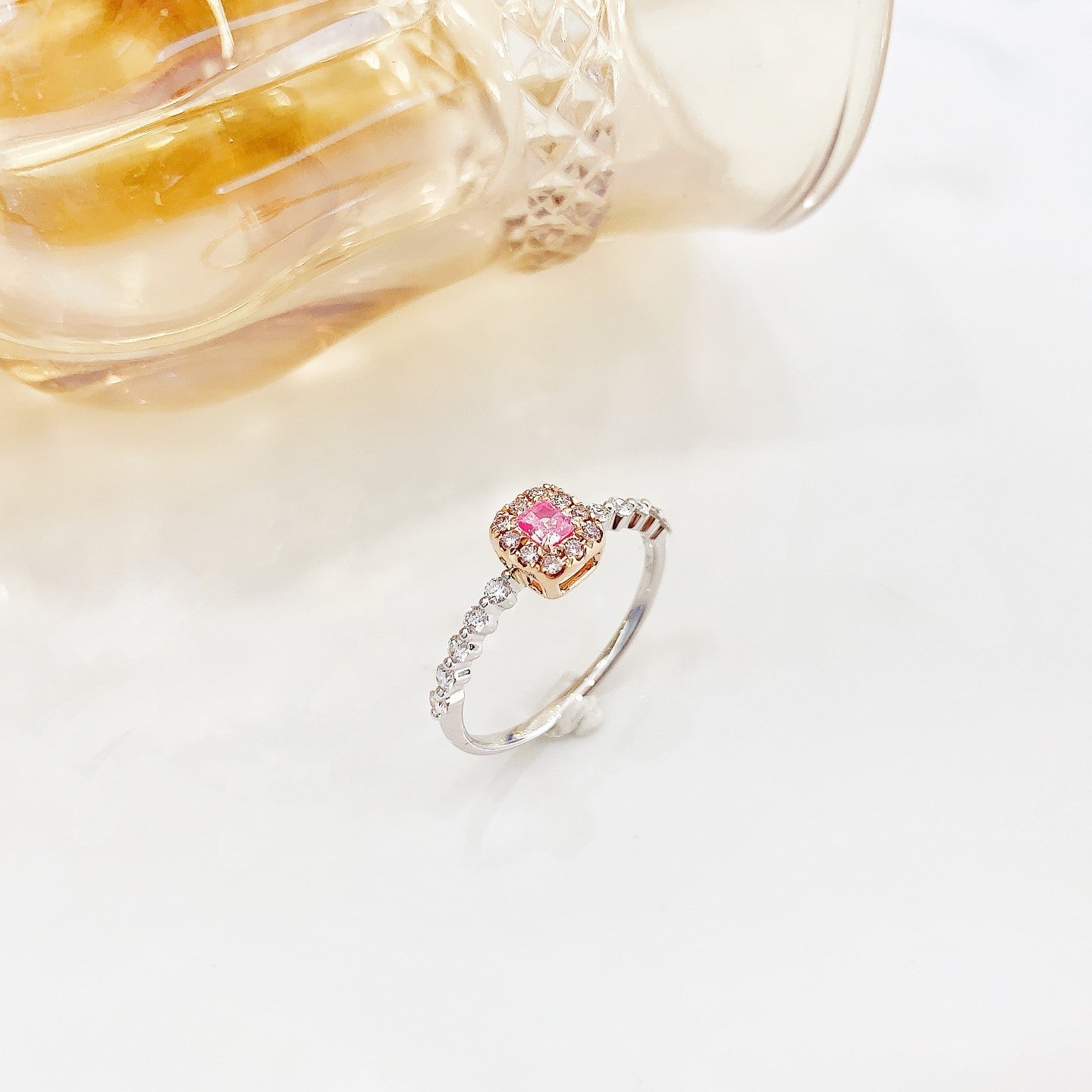 18K Pink Diamond Cushion Halo Ring - Exquisite Jewelry - Pink Diamond Ring