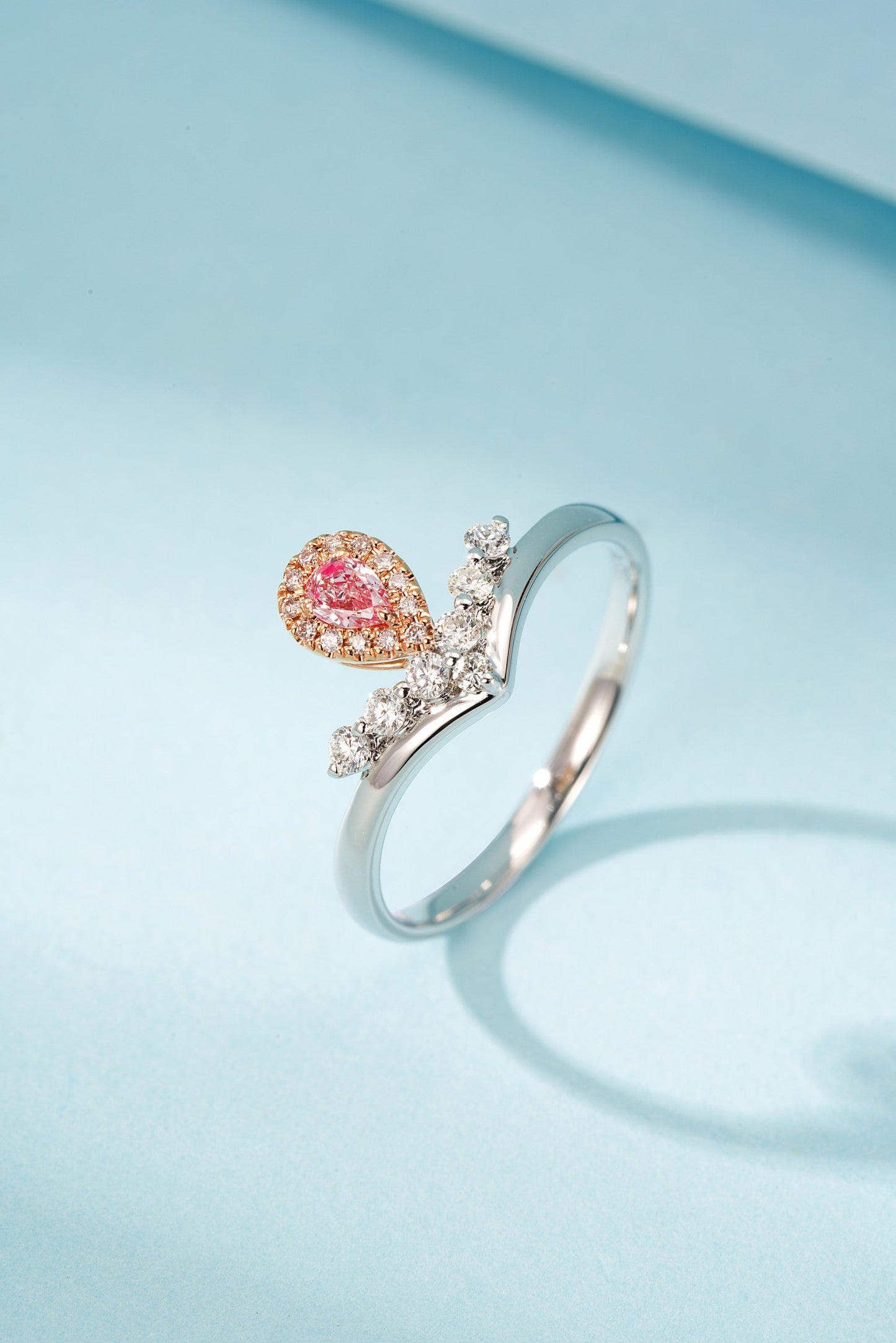 18K Pink Diamond Drop Crown Double V Ring - Luxury Jewelry - Pink Diamond Ring