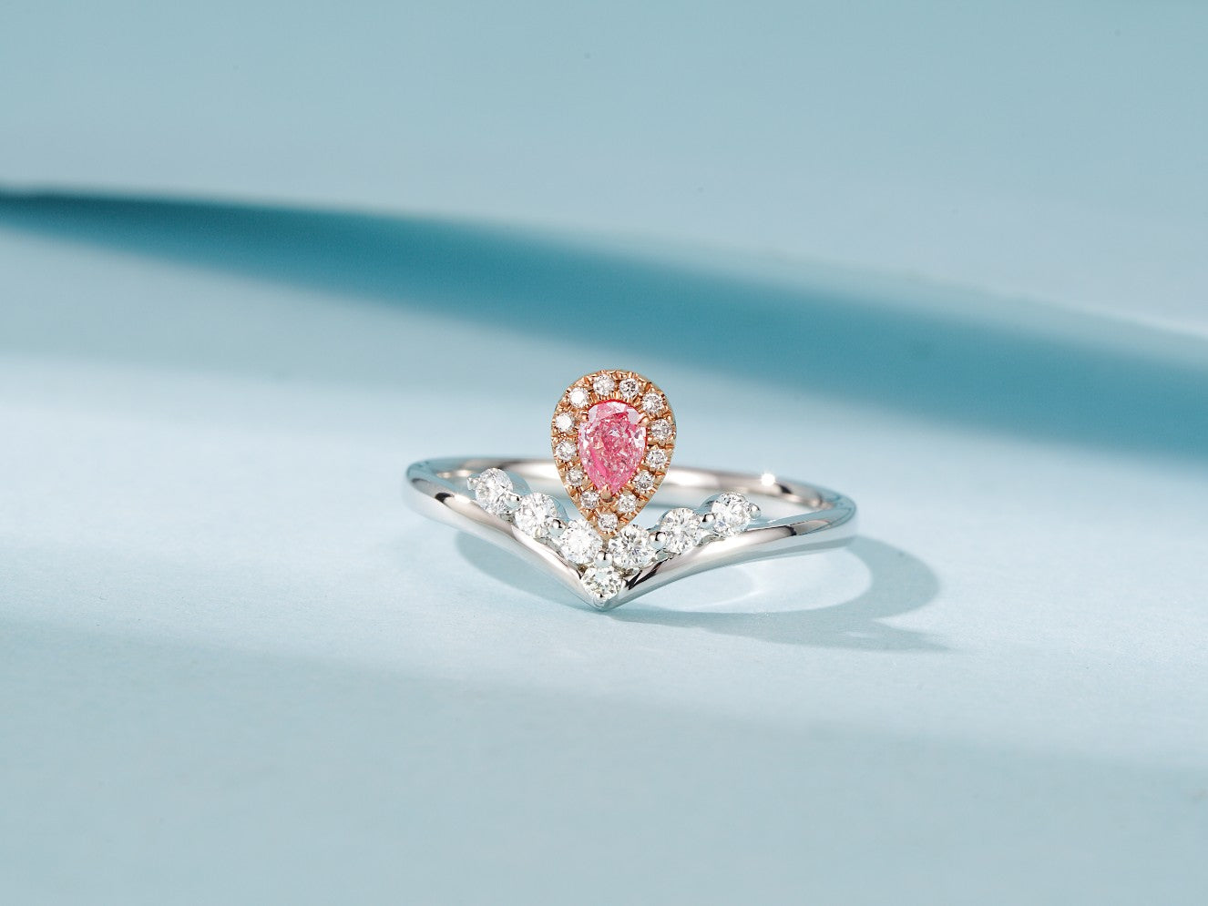 18K Pink Diamond Drop Crown Double V Ring - Luxury Jewelry - Pink Diamond Ring