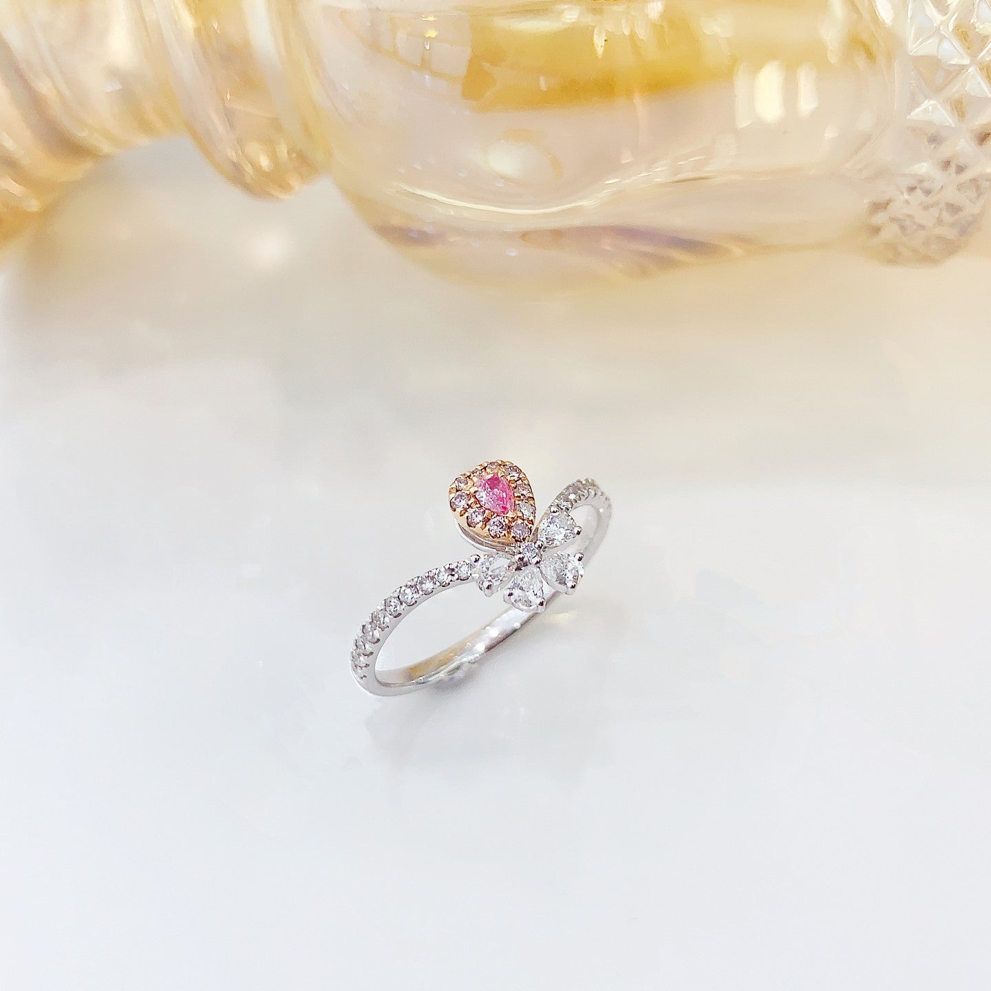 18K Pink Diamond Drop Four-Leaf Ring - Luxurious Jewelry Choice - Pink Diamond Ring
