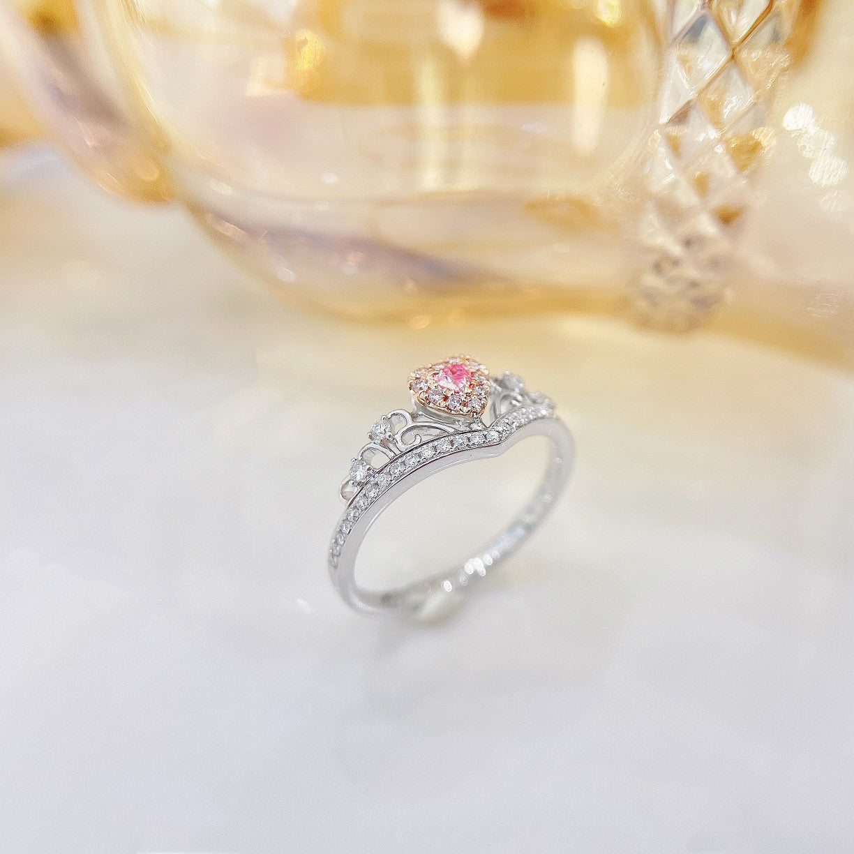 18K Pink Diamond Heart-Shaped Crown Ring - Luxurious Jewelry Piece - Pink Diamond Ring
