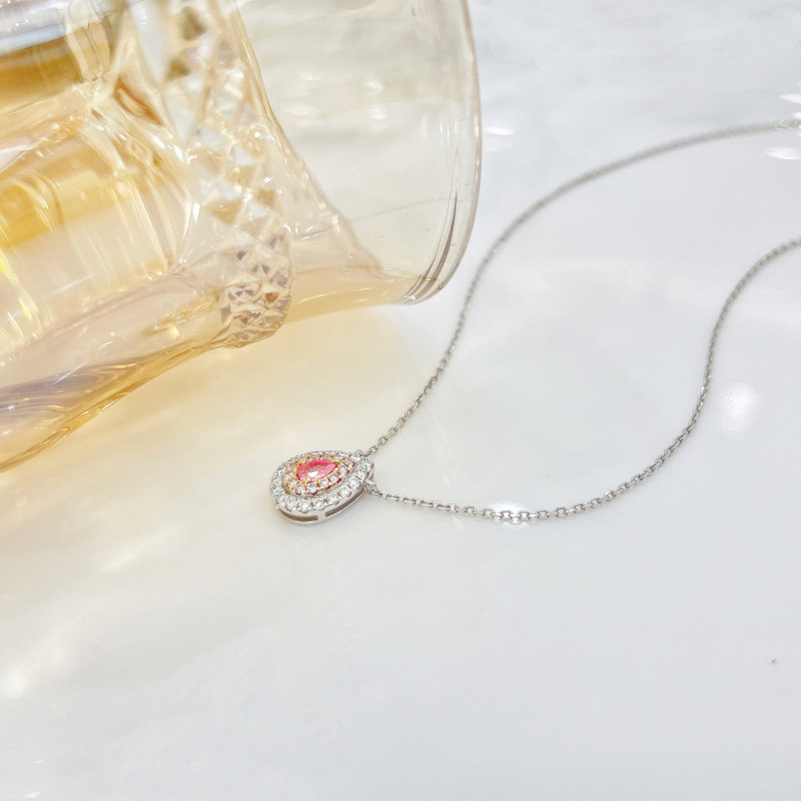 18K Pink Diamond Pendant Necklace with Surrounding Diamonds - XL006-F - Pink Diamond Necklace