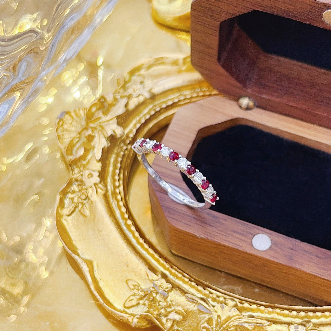 18K Red Gemstone and Diamond Interval Small Row Ring - Premium Jewelry - Red Treasure Ring