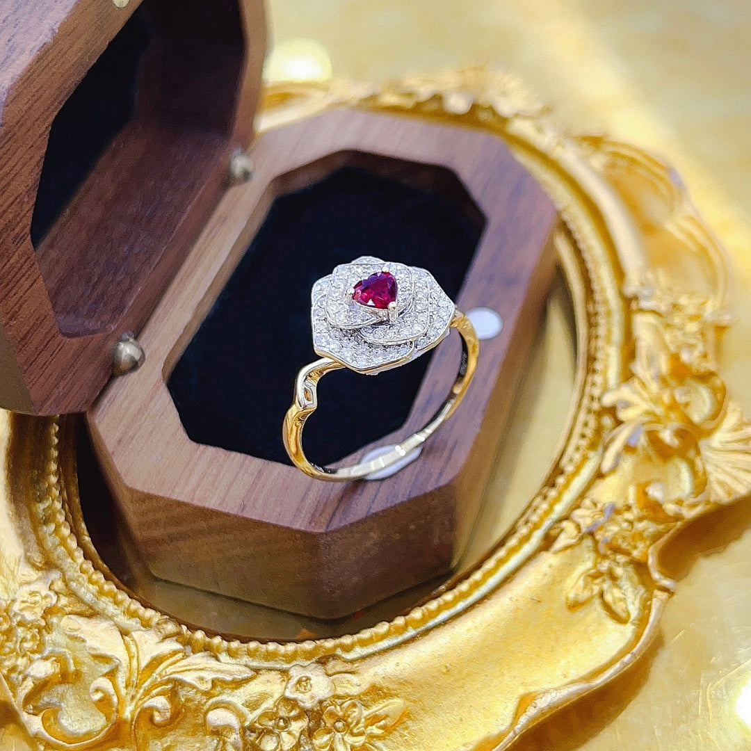 18K Red Gemstone Heart-shaped Camellia Ring | Premium Jewelry - Red Treasure Ring