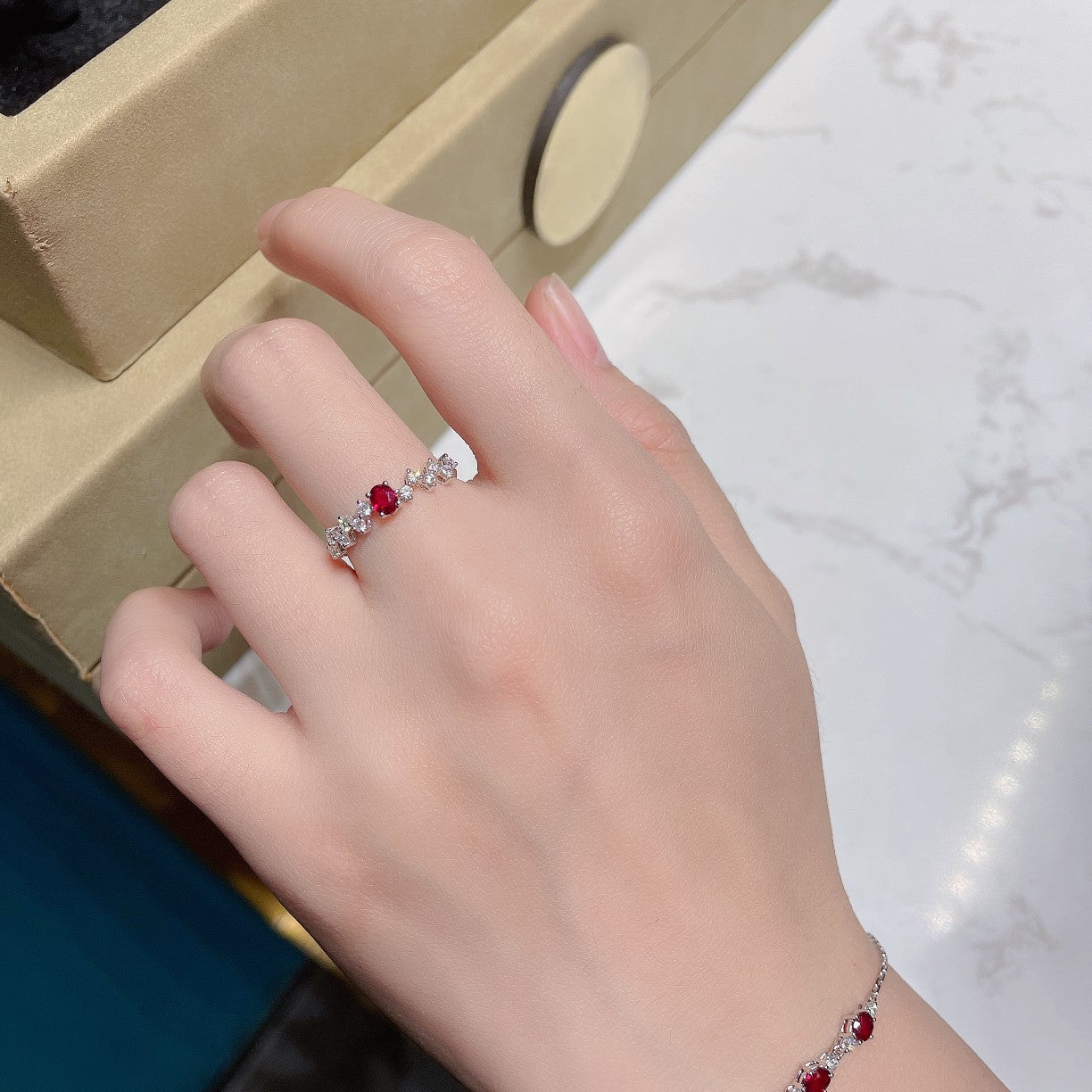 18K Red Gemstone Oval Full Starry Sky Ring - Luxury Jewelry - Red Treasure Ring