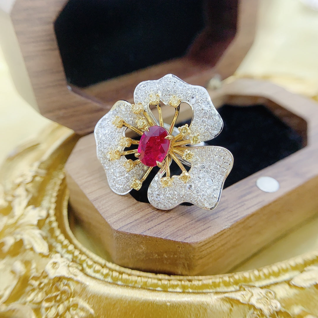 18K Red Gemstone Petal Ring with AIGS Certificate | Premium Jewelry - Red Treasure Ring