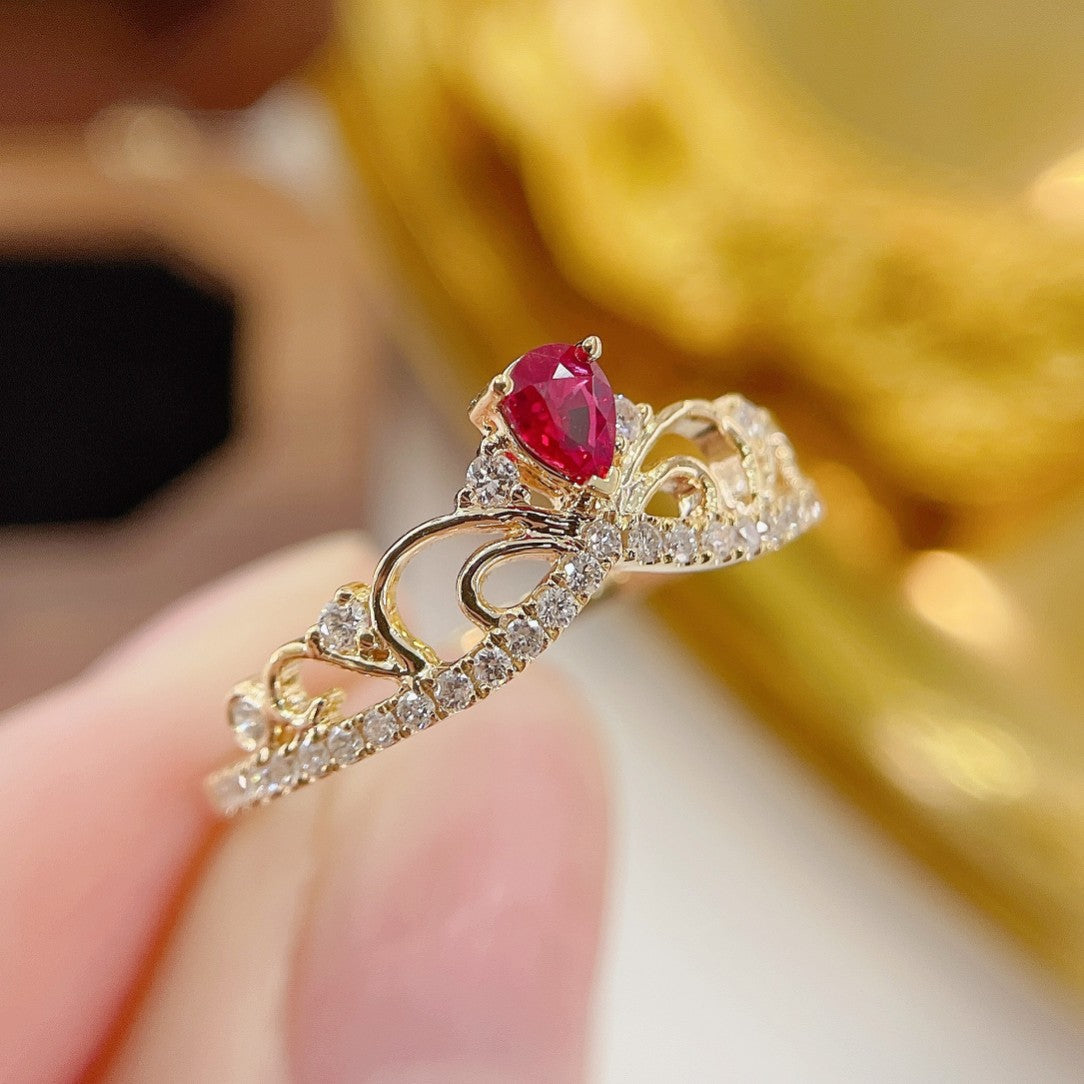 18K Red Gemstone Waterdrop Crown Ring - Luxury Jewelry - Red Treasure Ring