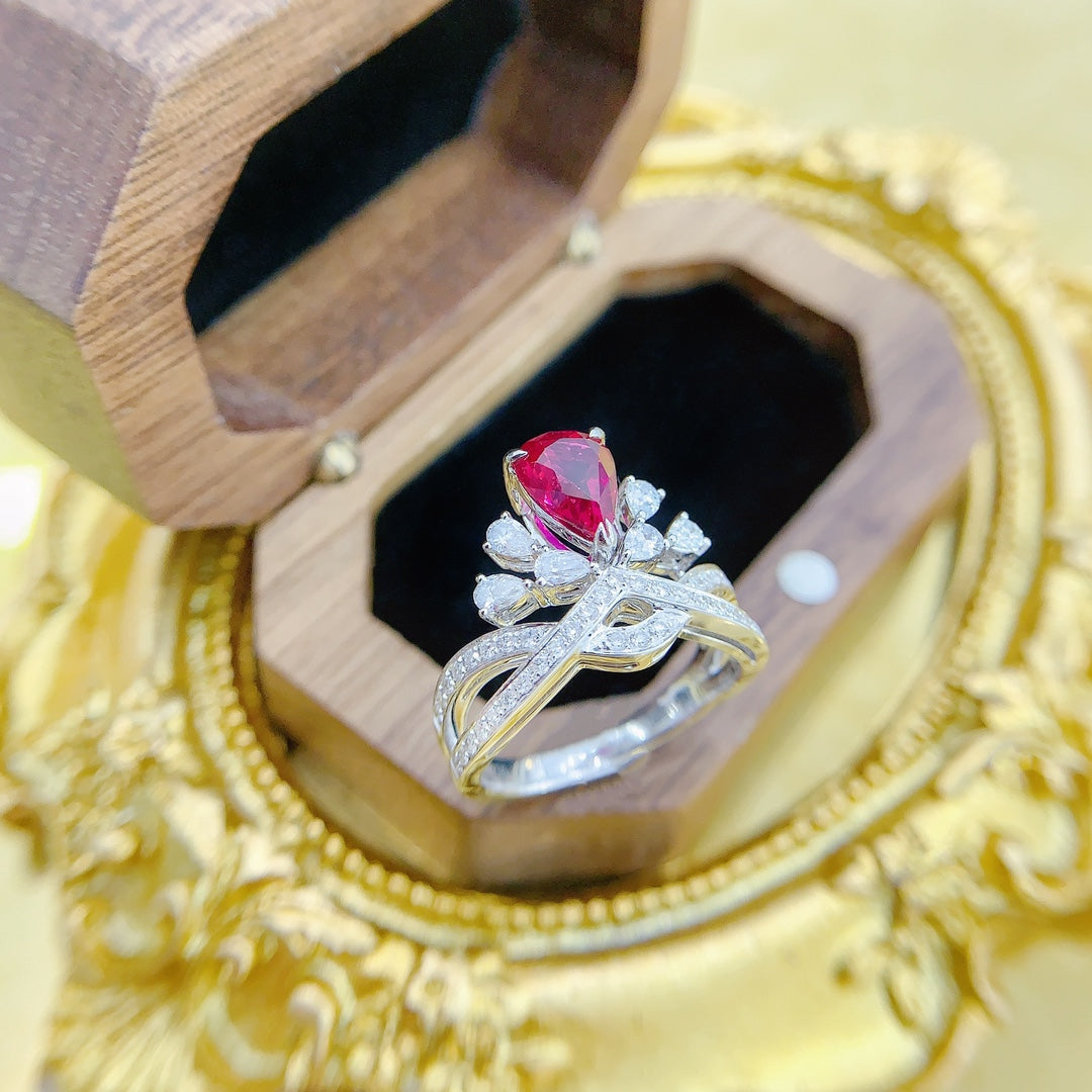 18K Red Gemstone Waterdrop Crown Ring - Luxury Jewelry - Red Treasure Ring