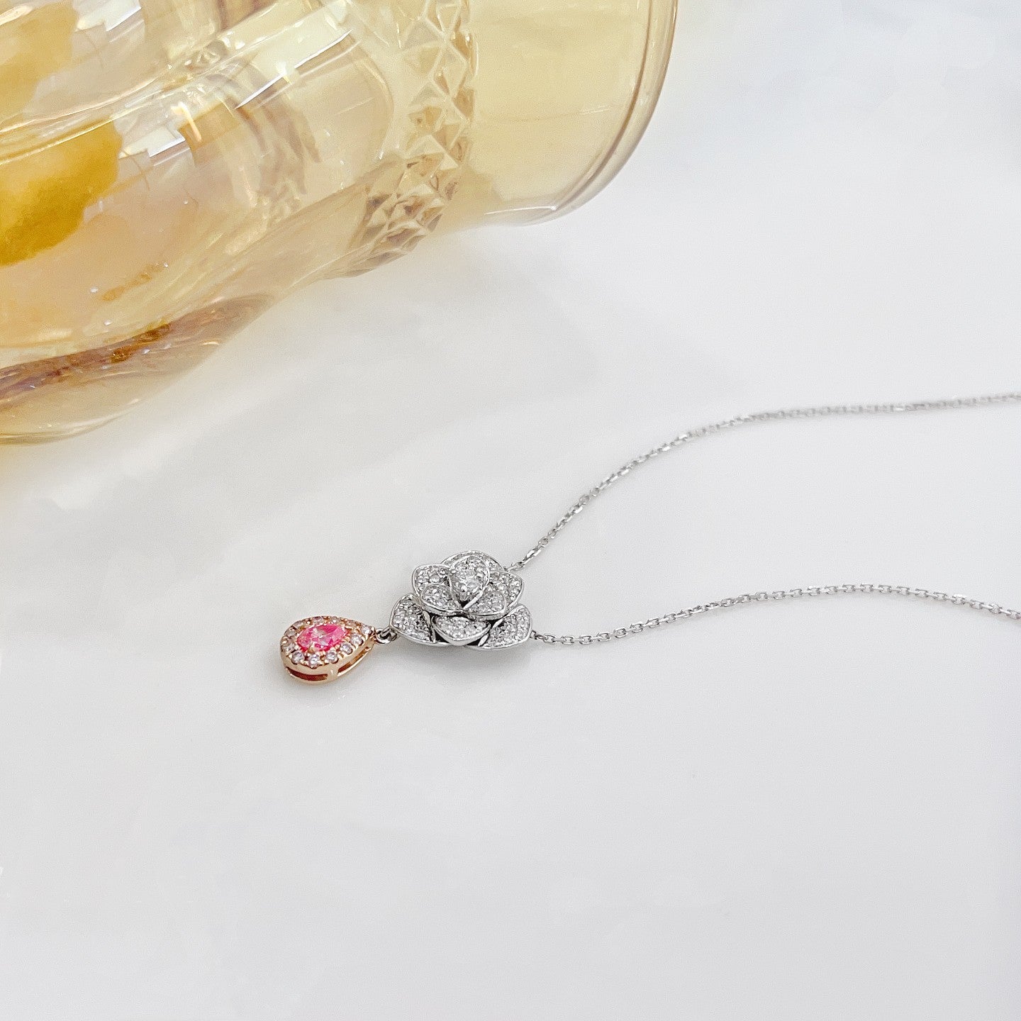 18K Rose Gold Diamond Drop Pendant with Earl Flower Design - Elegant Jewelry - Pink Diamond Necklace