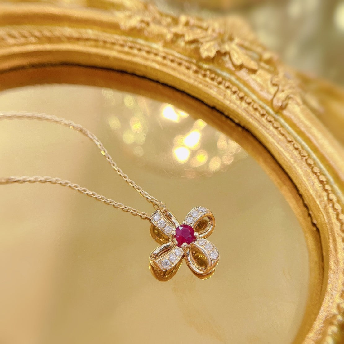 18K Rose Gold Four-Leaf Clover Hollow-Out Necklace with Precious Stones - Red Treasure Necklace