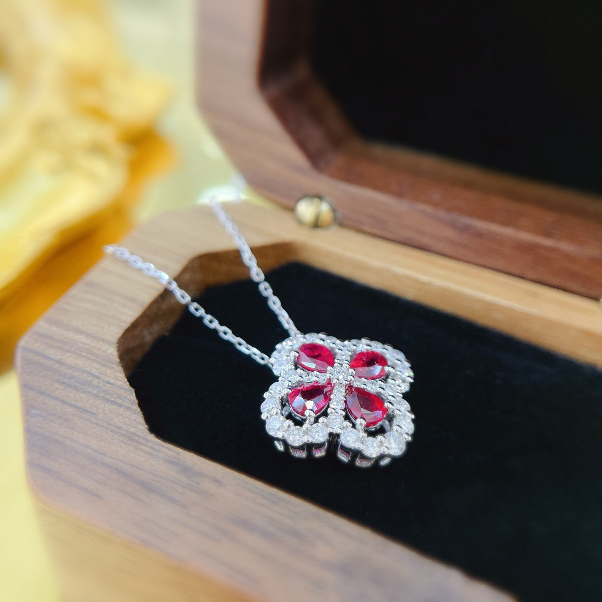 18K Rose Gold Four-Leaf Clover Pendant with Ruby and Diamond - Luxury Jewelry - Red Treasure Necklace