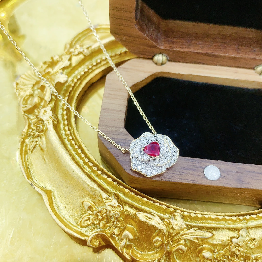 18K Rose Gold Heart-shaped Camellia Necklace with Rubies - Red Treasure Necklace