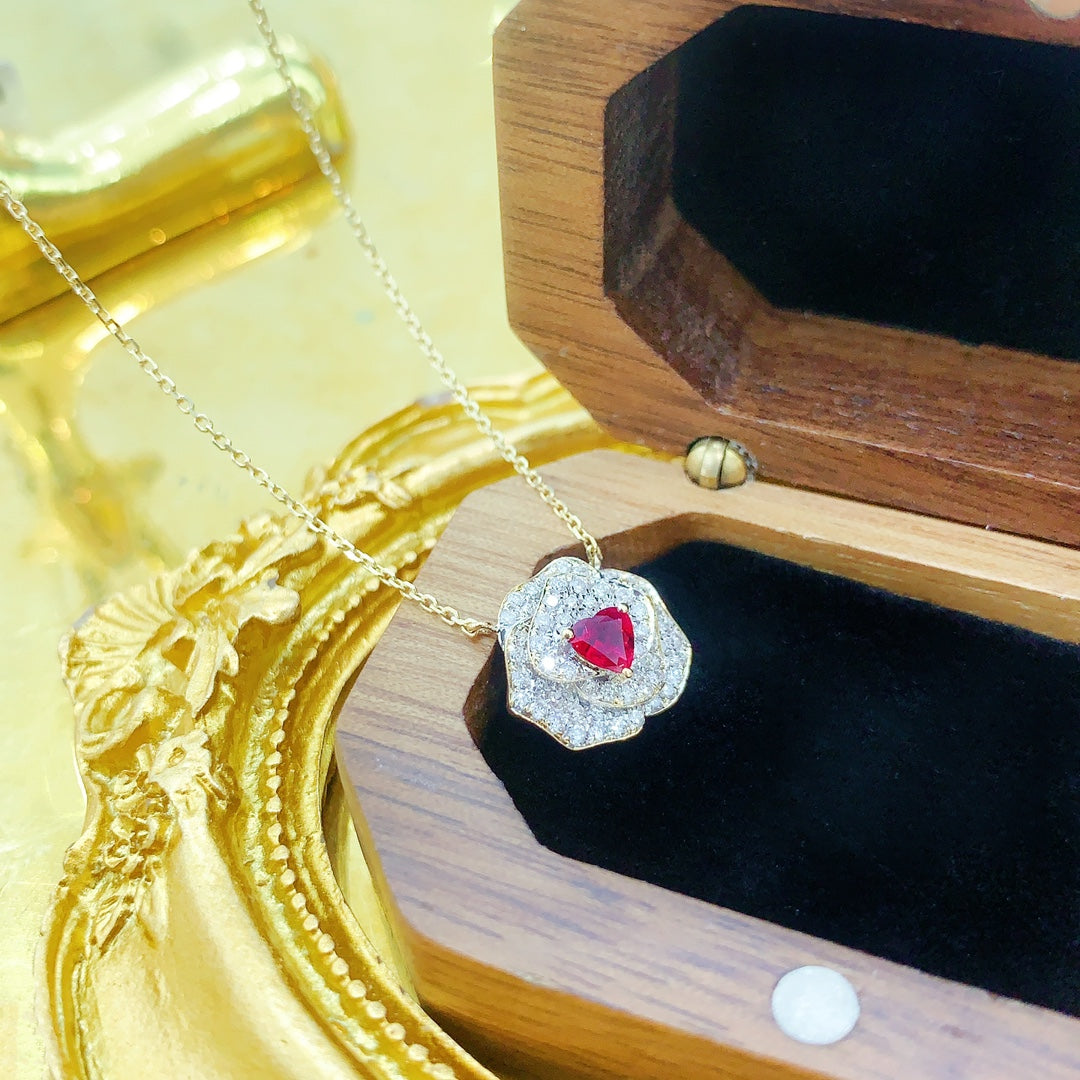 18K Rose Gold Heart-shaped Camellia Necklace with Rubies - Red Treasure Necklace