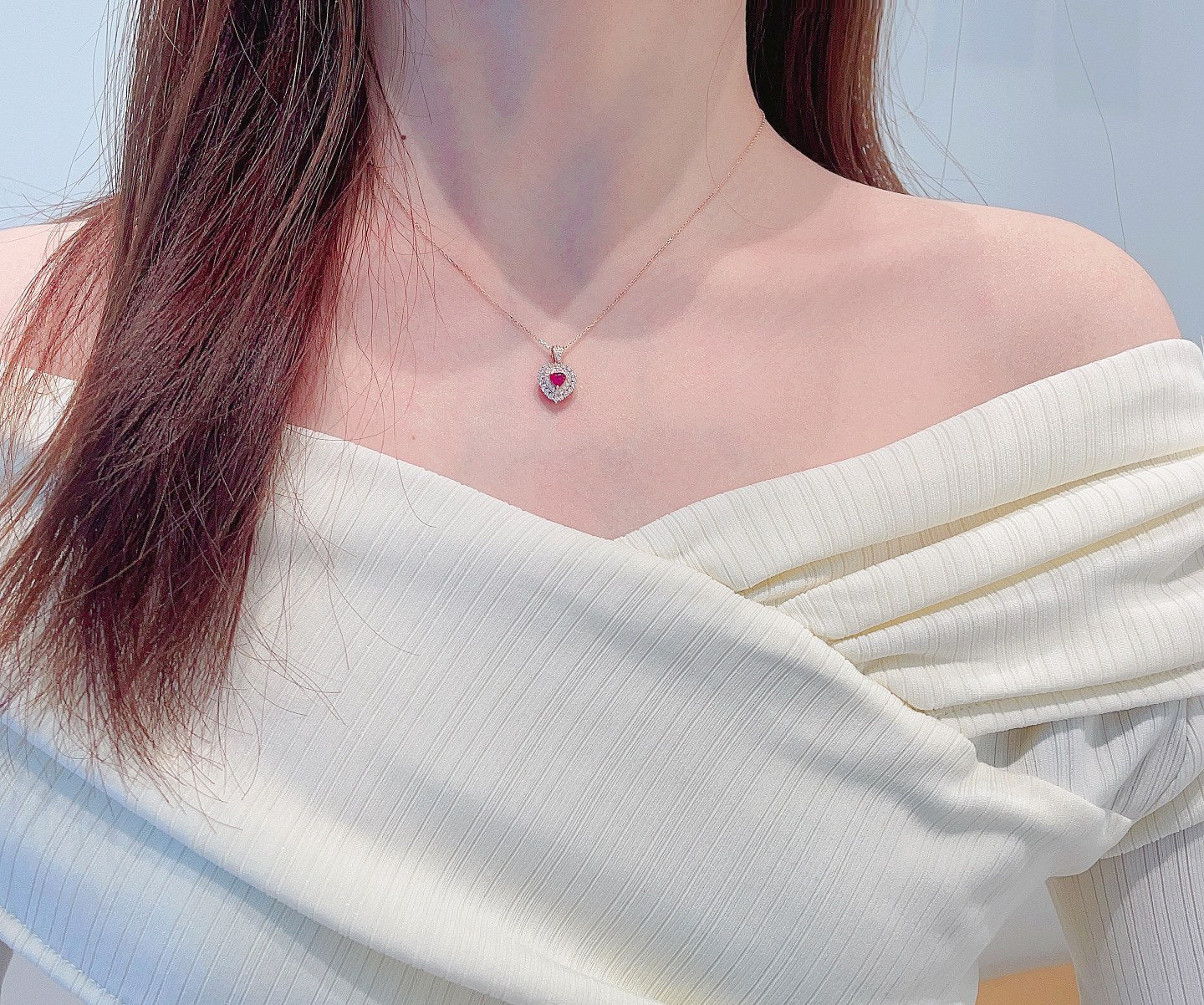 18K Rose Gold Heart-shaped Double Halo Diamond Necklace - XL088-C - Red Treasure Necklace