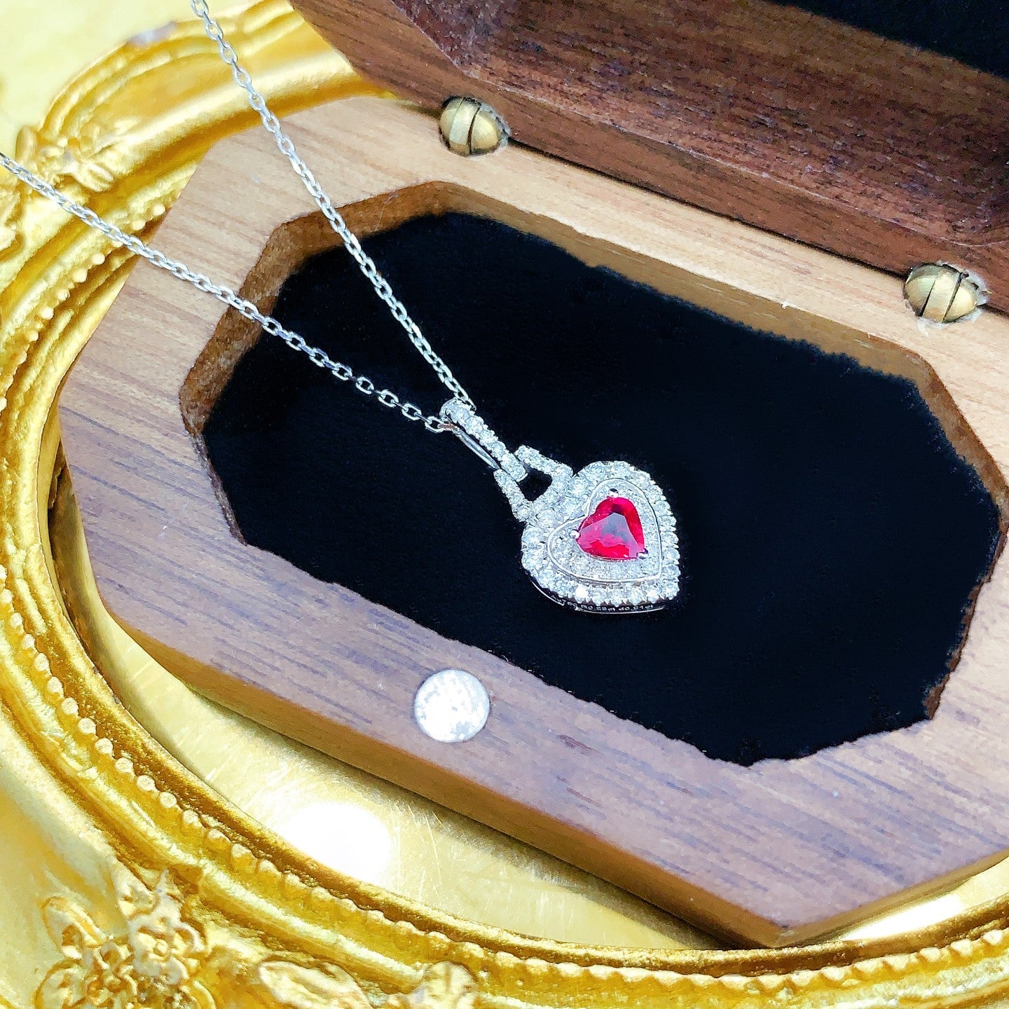 18K Rose Gold Heart-Shaped Double Halo Full Diamond Necklace - Red Treasure Necklace
