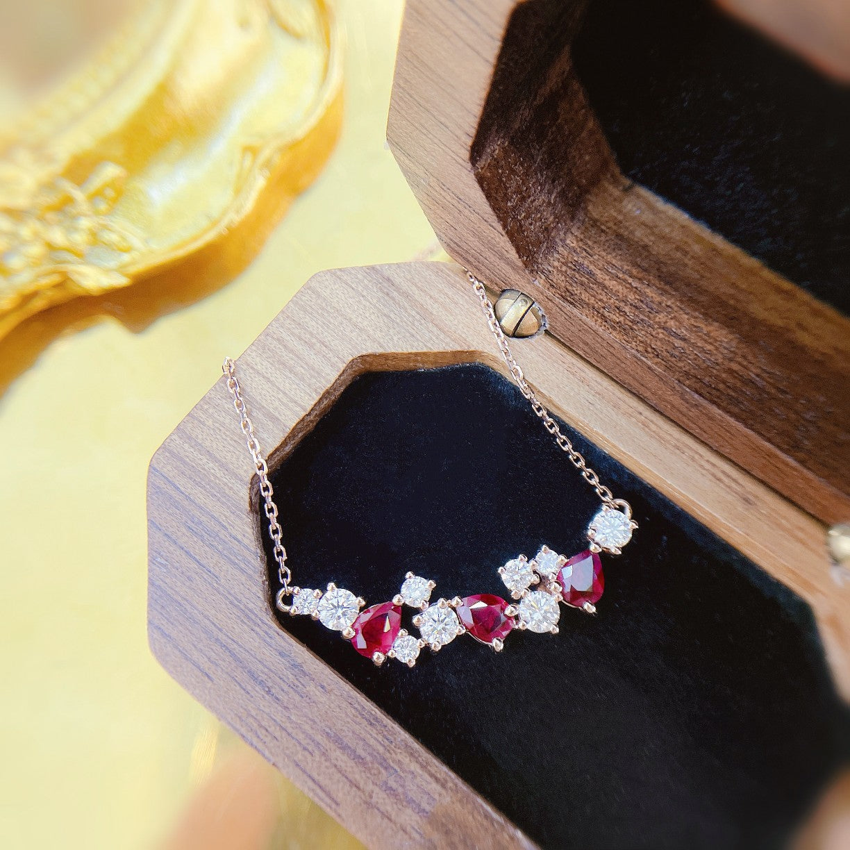 18K Rose Gold Irregular Smiling Pendant with Ruby Drop - Fine Jewelry - Red Treasure Necklace