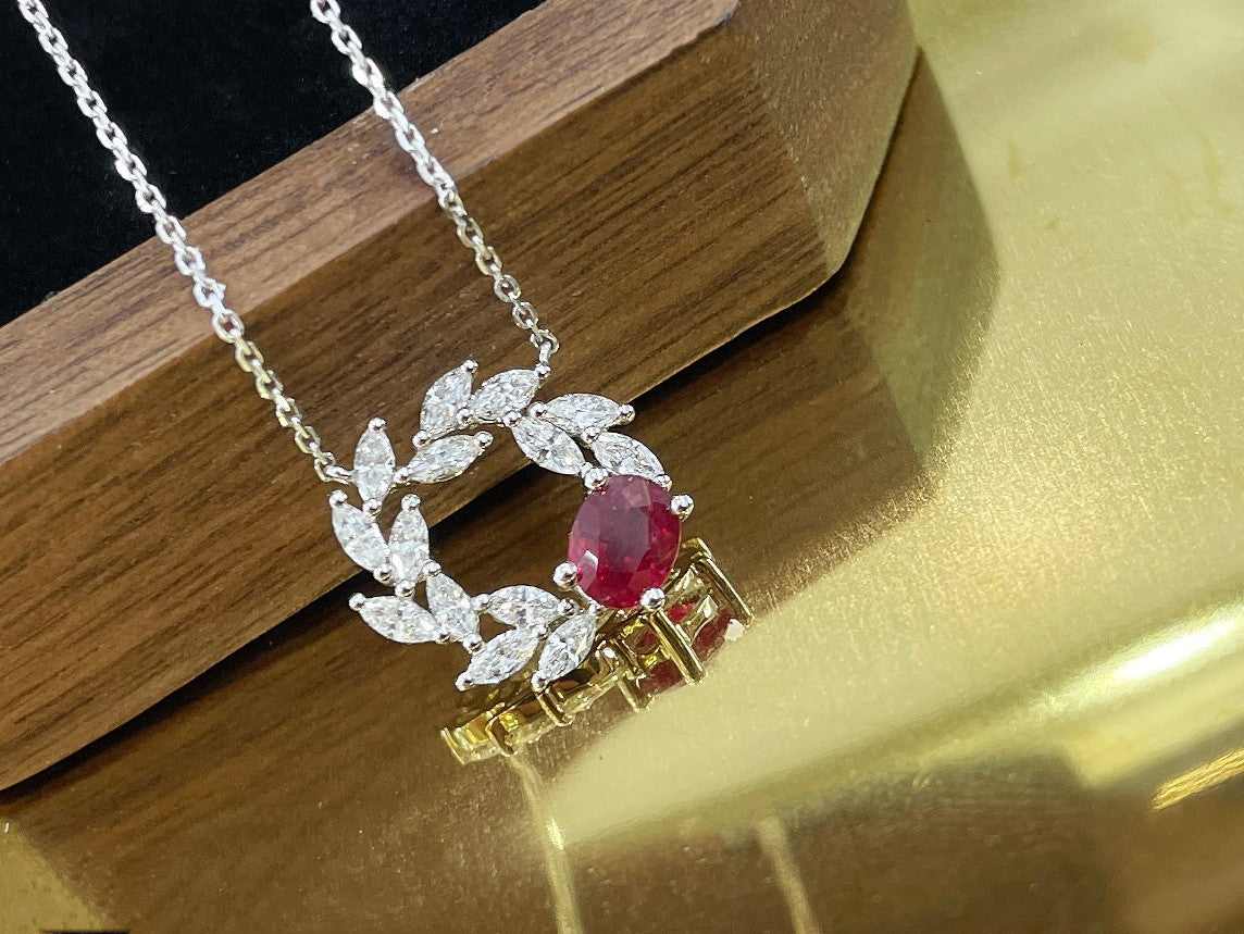 18K Rose Gold Oval Olive Branch Pendant Necklace with Precious Gems - Red Treasure Necklace