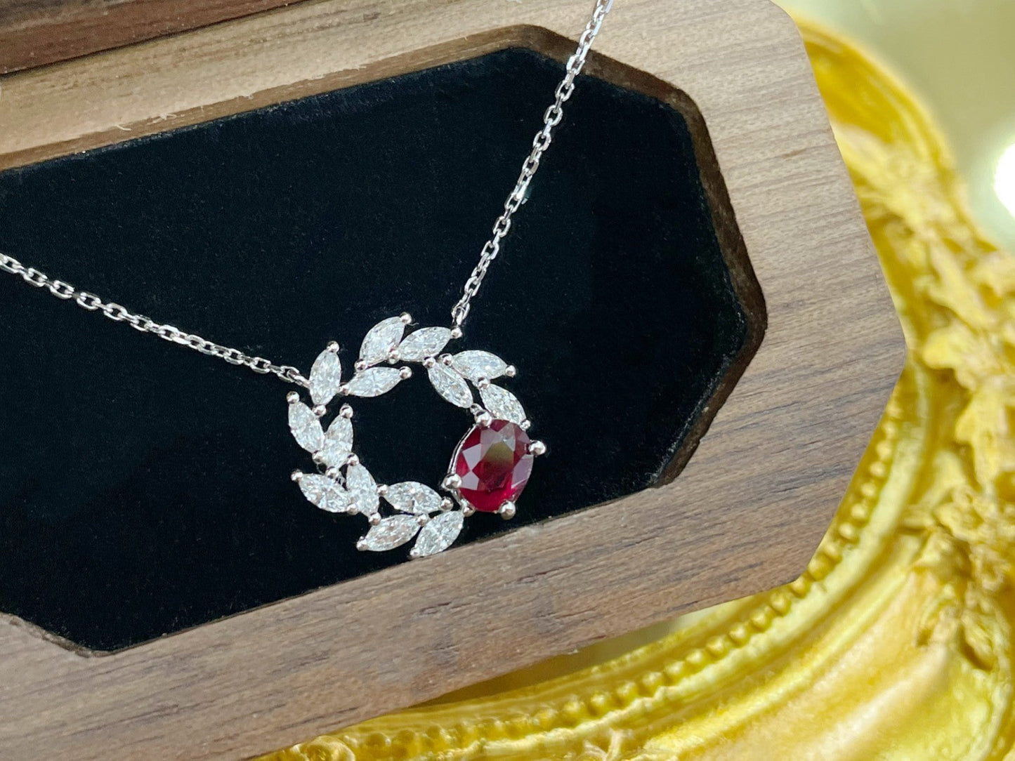 18K Rose Gold Oval Olive Branch Pendant Necklace with Precious Gems - Red Treasure Necklace