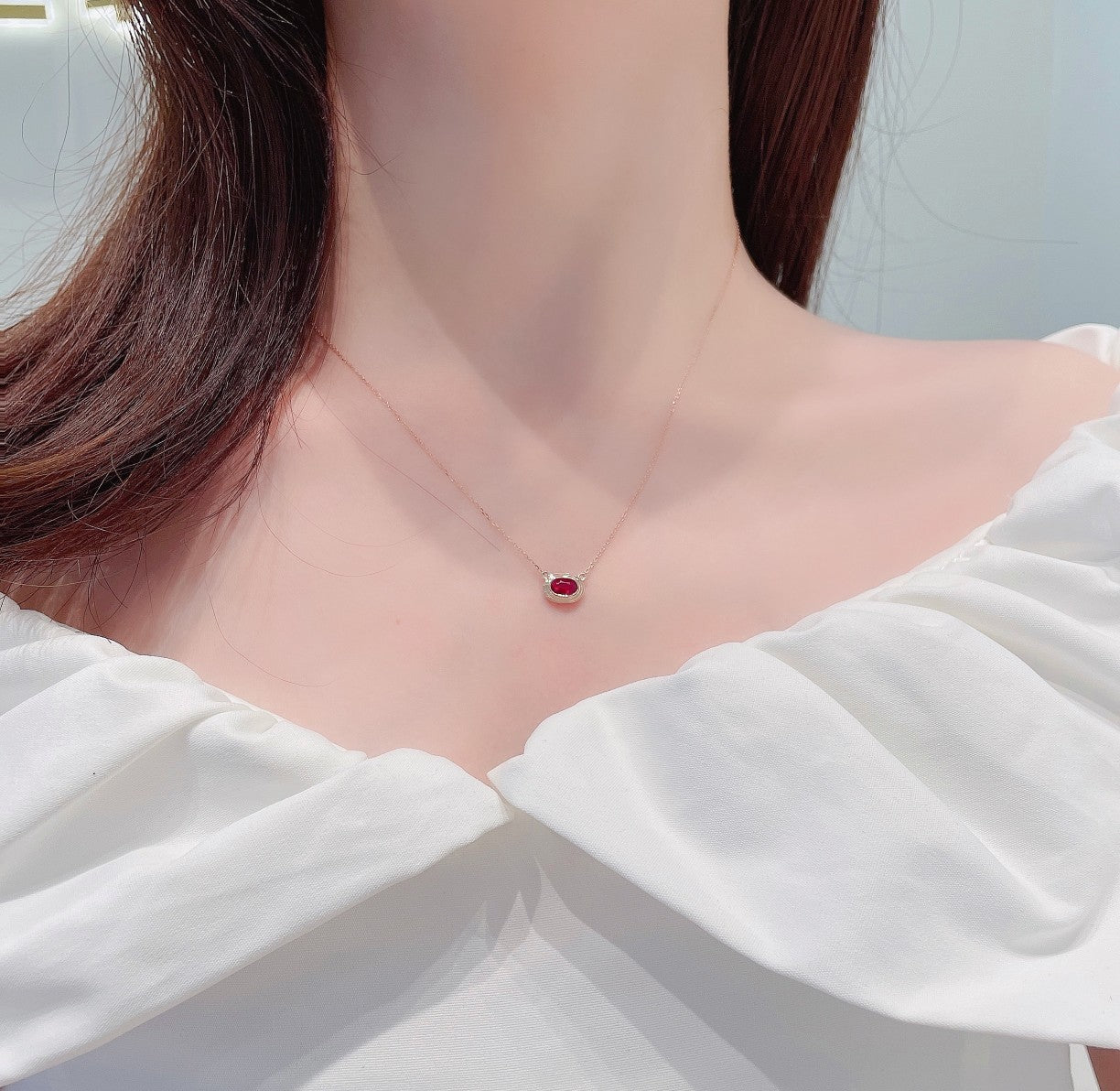 18K Rose Gold Oval Shaped Ruby Circle Pendant Necklace - Red Treasure Necklace