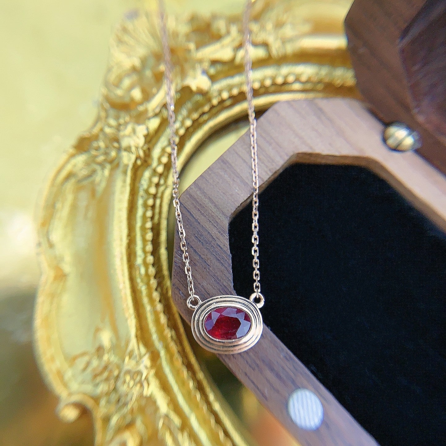 18K Rose Gold Oval Shaped Ruby Circle Pendant Necklace - Red Treasure Necklace
