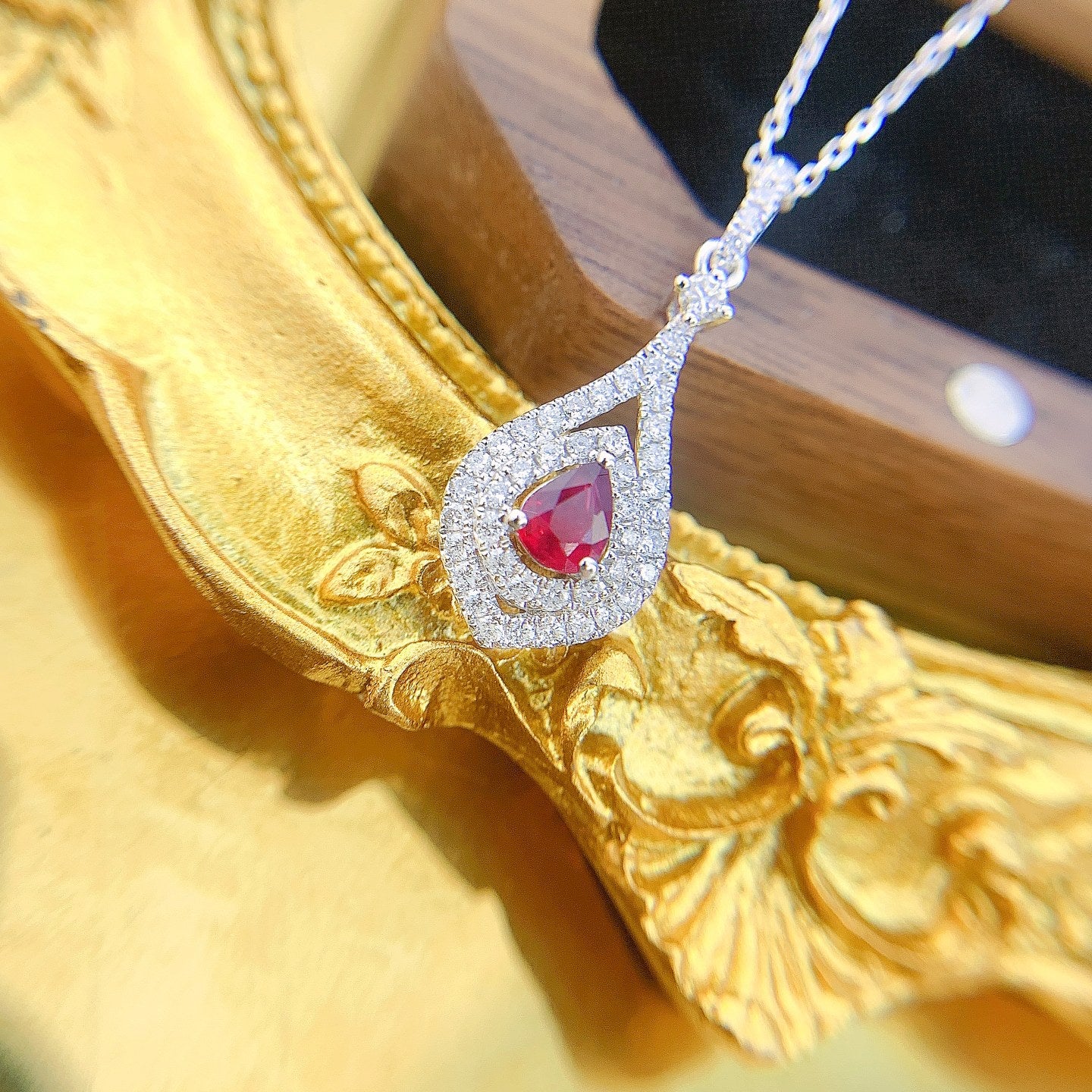 18K Rose Gold Ruby and Diamond Hollow Pendant Necklace - Red Treasure Necklace