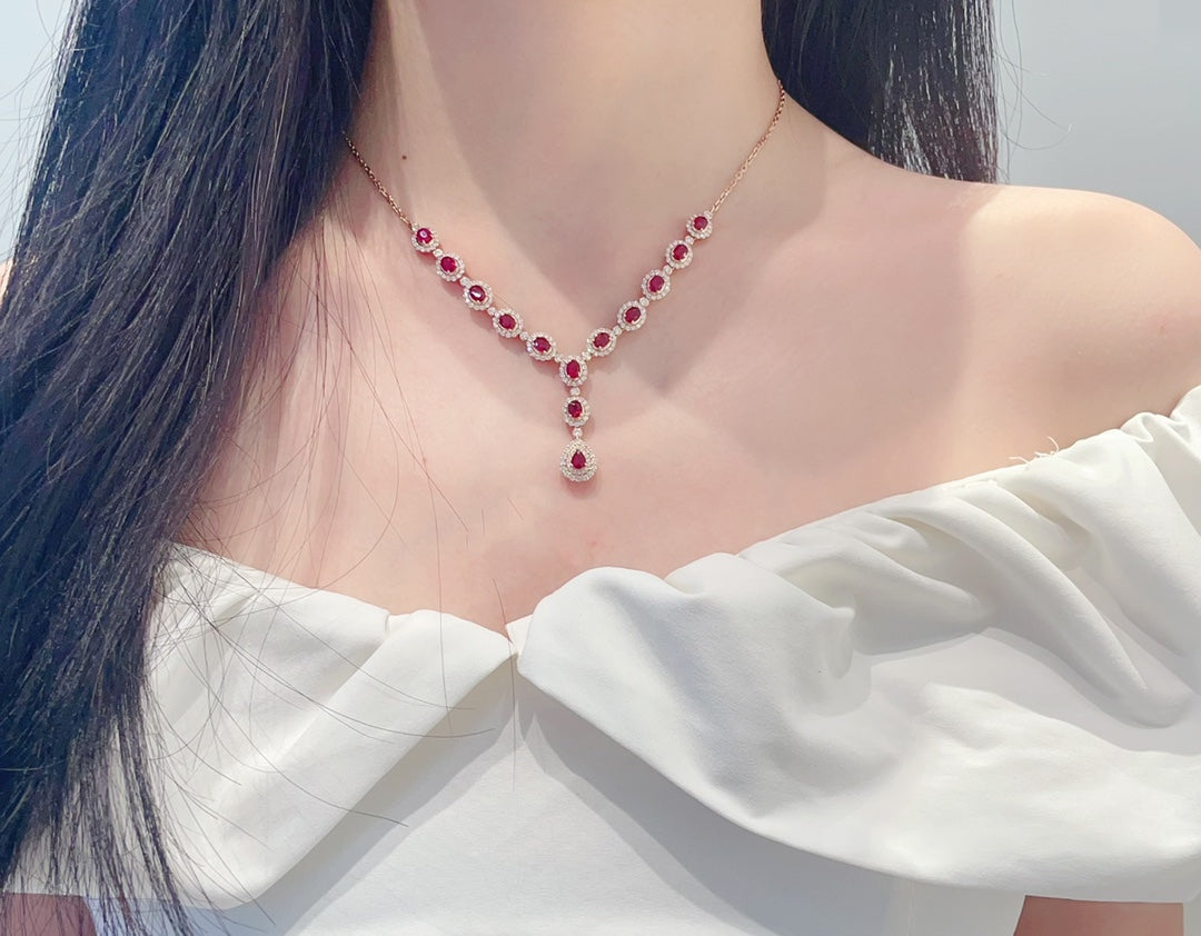 18K Rose Gold Ruby Drop Bubble Spacer Y-Shaped Pendant Necklace - Jewelry Delight - Red Treasure Necklace