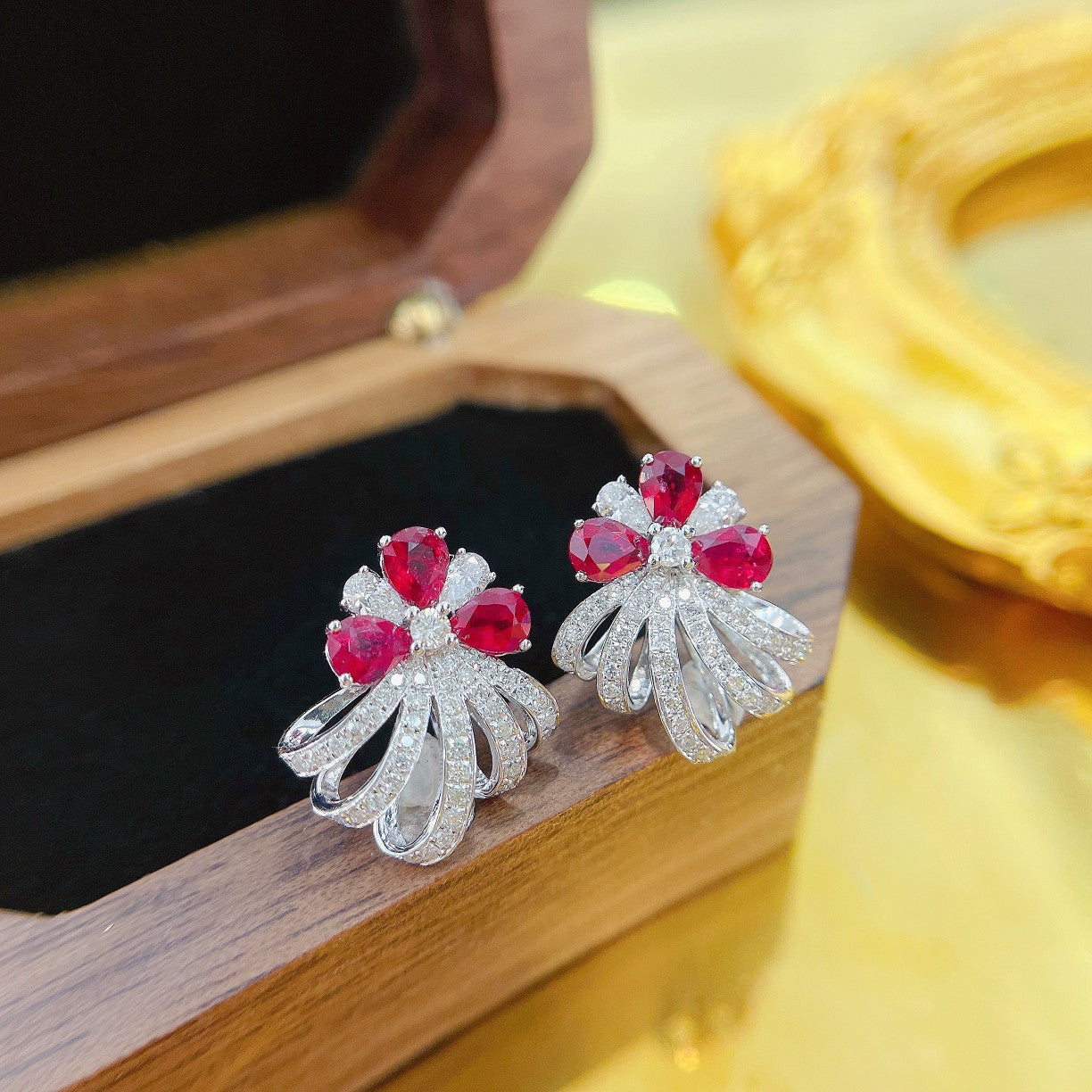 18K Rose Gold Ruby Drop Petal Earrings | Luxurious Jewelry Jeweler.Jewelry