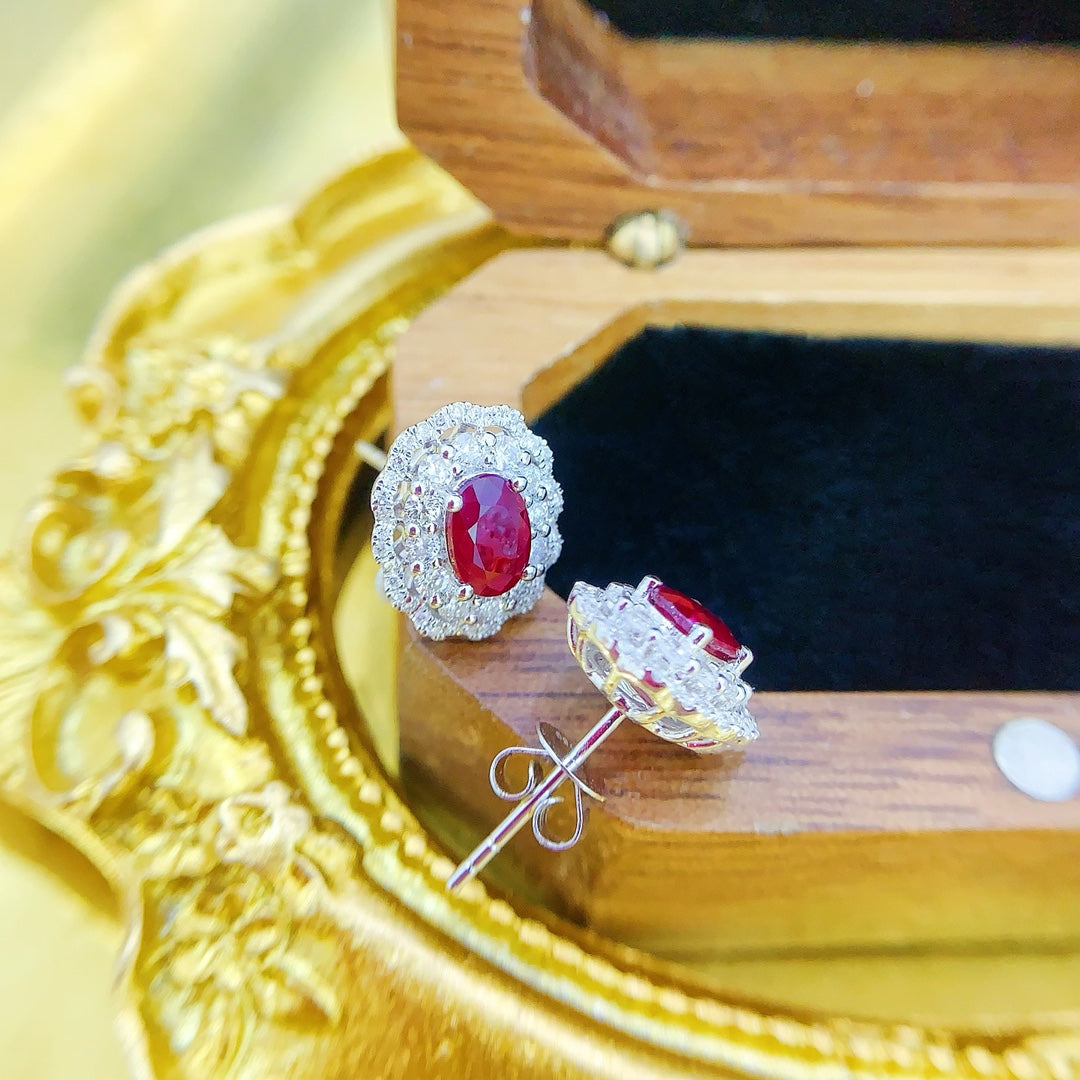 18K Rose Gold Ruby Elliptical Hollow Lace-Edged Pavé Earrings Jeweler.Jewelry