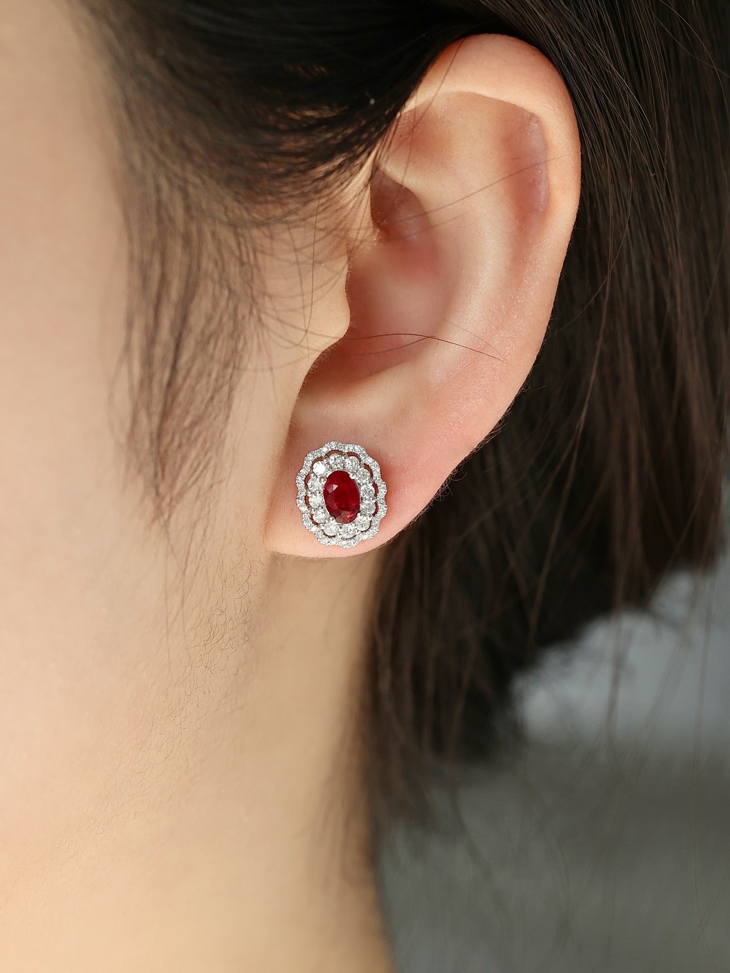 18K Rose Gold Ruby Elliptical Hollow Lace-Edged Pavé Earrings Jeweler.Jewelry