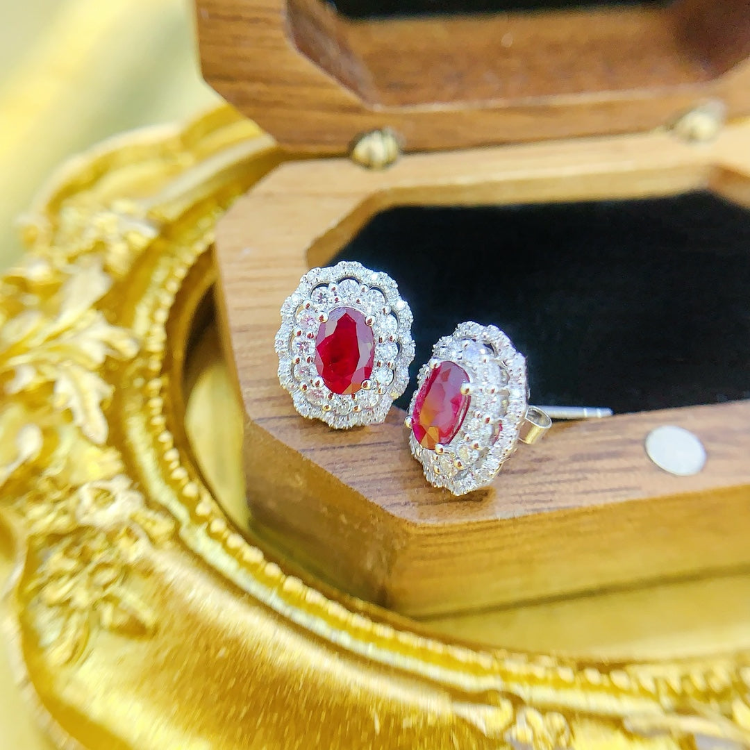 18K Rose Gold Ruby Elliptical Hollow Lace-Edged Pavé Earrings Jeweler.Jewelry