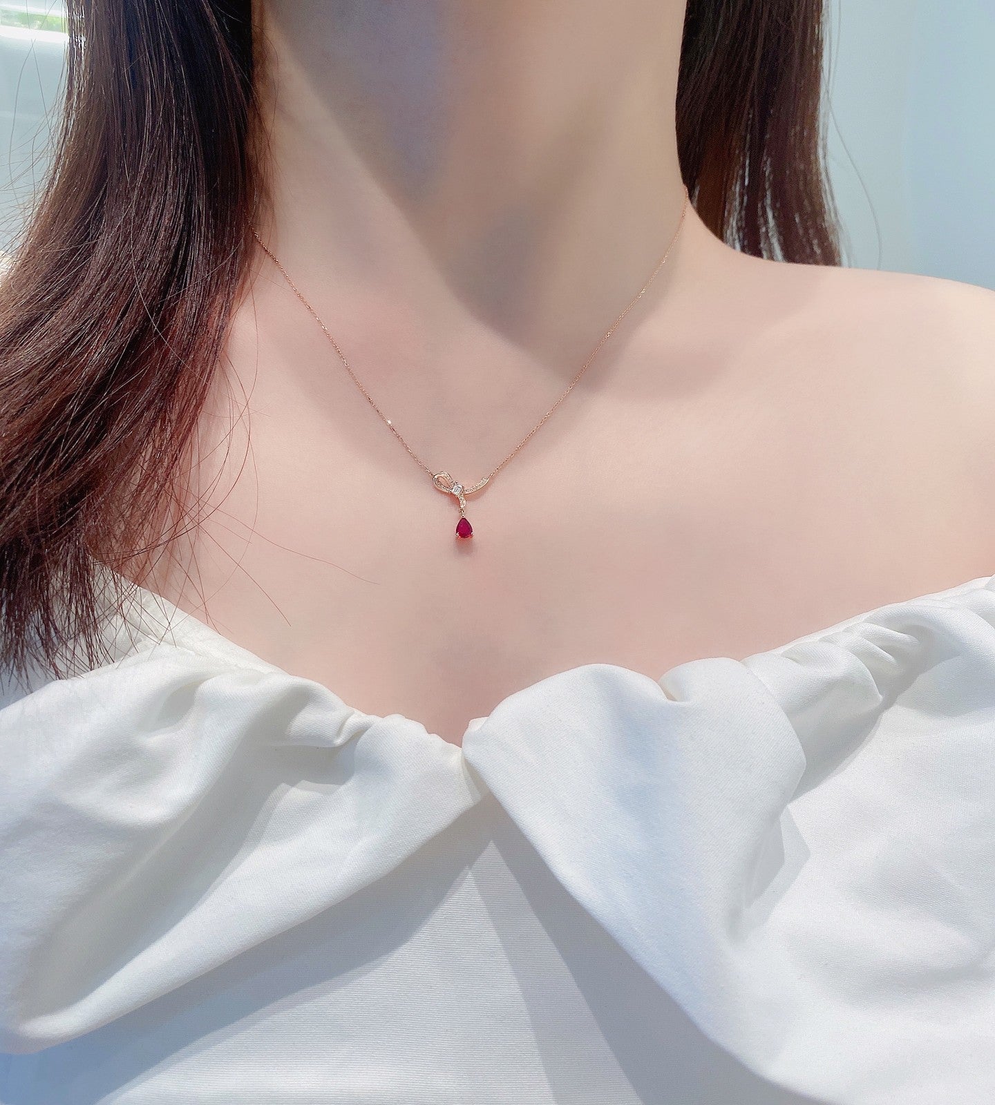 18K Rose Gold Ruby Pendant Necklace with ’You’ Character Design - Red Treasure Necklace