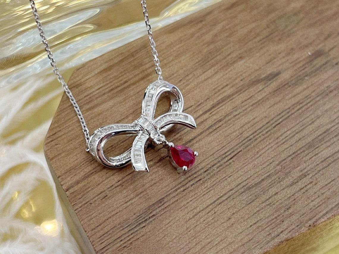 18K Rose Gold Ruby Waterdrop Bowknot Necklace - Elegant Jewelry Piece - Red Treasure Necklace