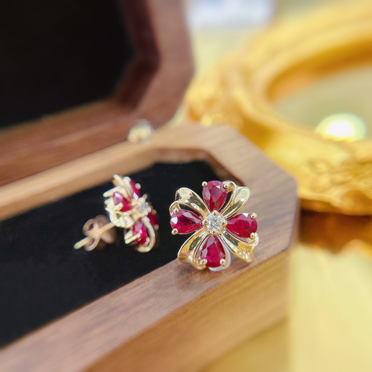 18K Rose Gold Ruby Waterdrop Four-Leaf Clover Stud Earrings Jeweler.Jewelry