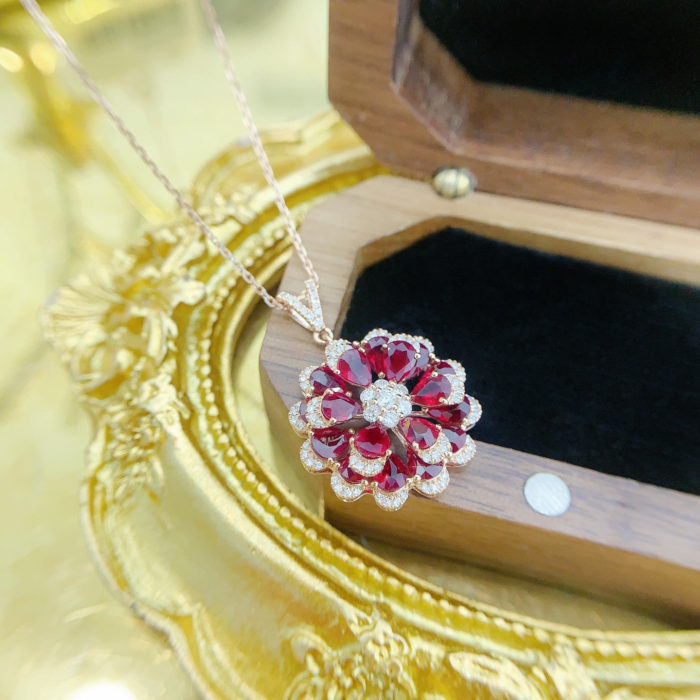 18K Rose Gold Ruby Waterdrop Six-Prong Set Flower Bud Necklace | Jewelry Gem - Red Treasure Necklace