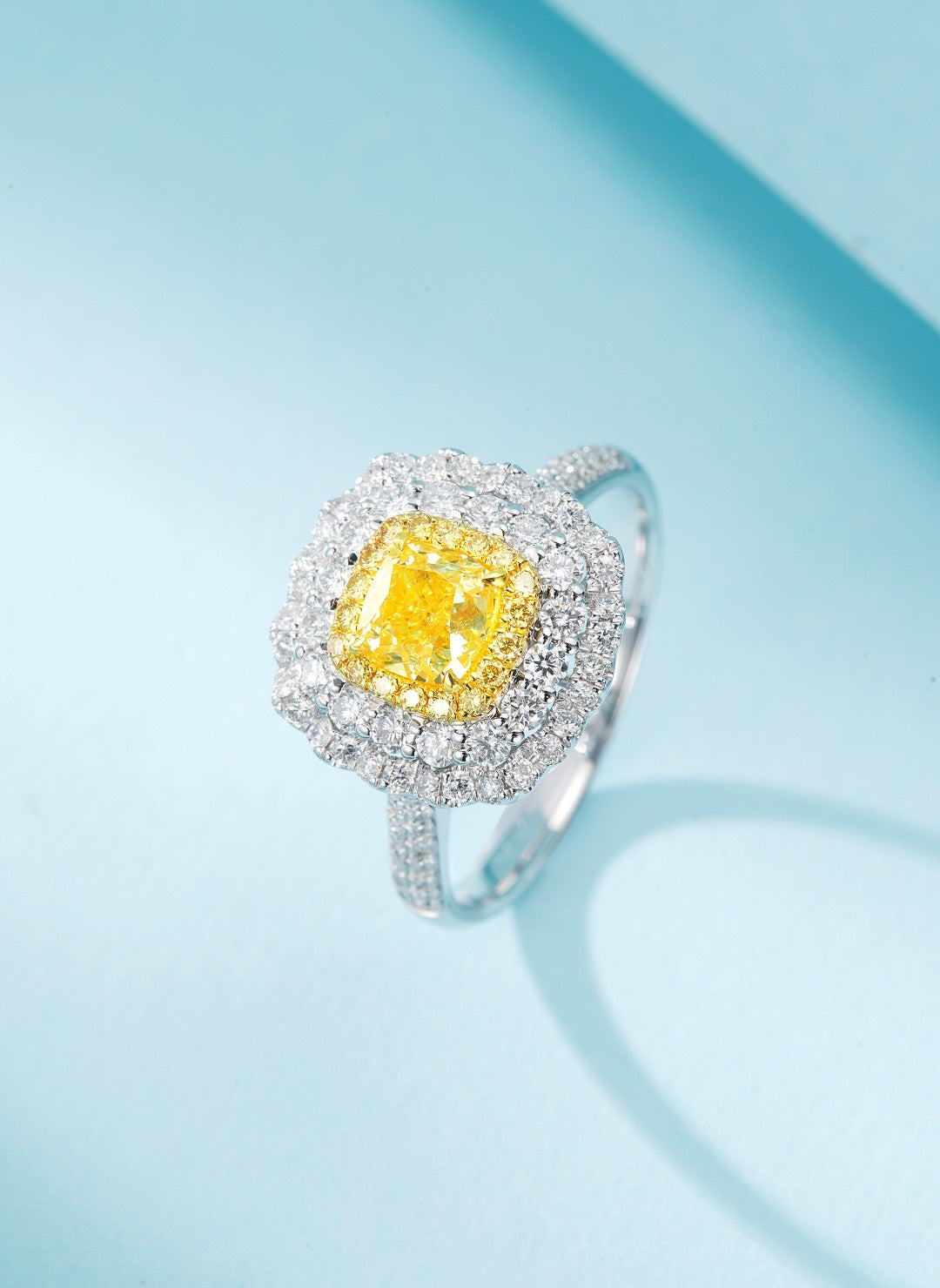18K Yellow Gold Diamond Cushion-Cut Double Halo Ring - Premium Jewelry - Yellow Diamond Ring