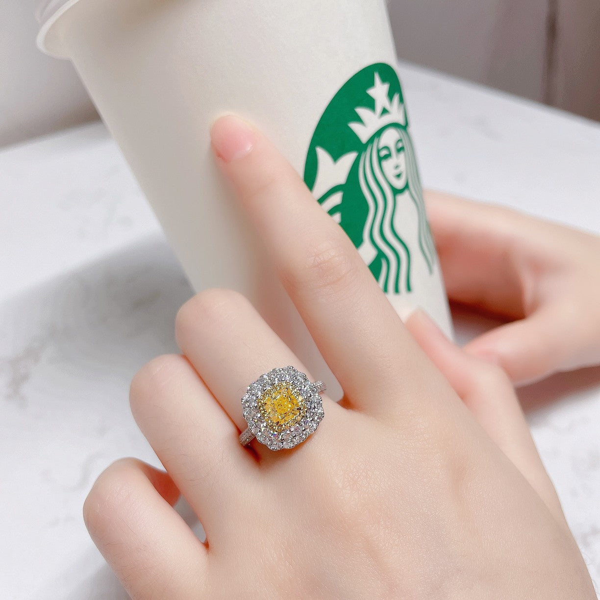 18K Yellow Gold Diamond Cushion-Cut Double Halo Ring - Premium Jewelry - Yellow Diamond Ring