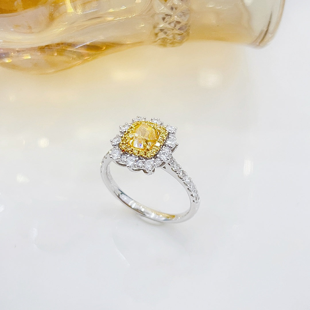 18K Yellow Gold Diamond Cushion-Cut Halo Ring - Premium Jewelry - Yellow Diamond Ring
