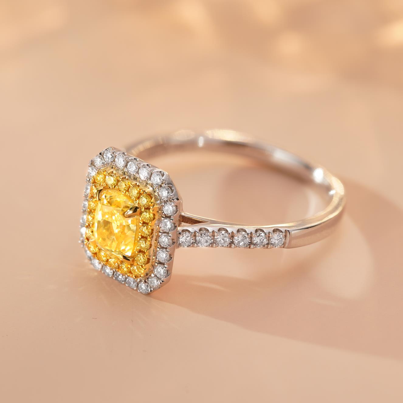 18K Yellow Gold Diamond Cushion-Cut Halo Ring | Premium Jewelry - Yellow Diamond Ring
