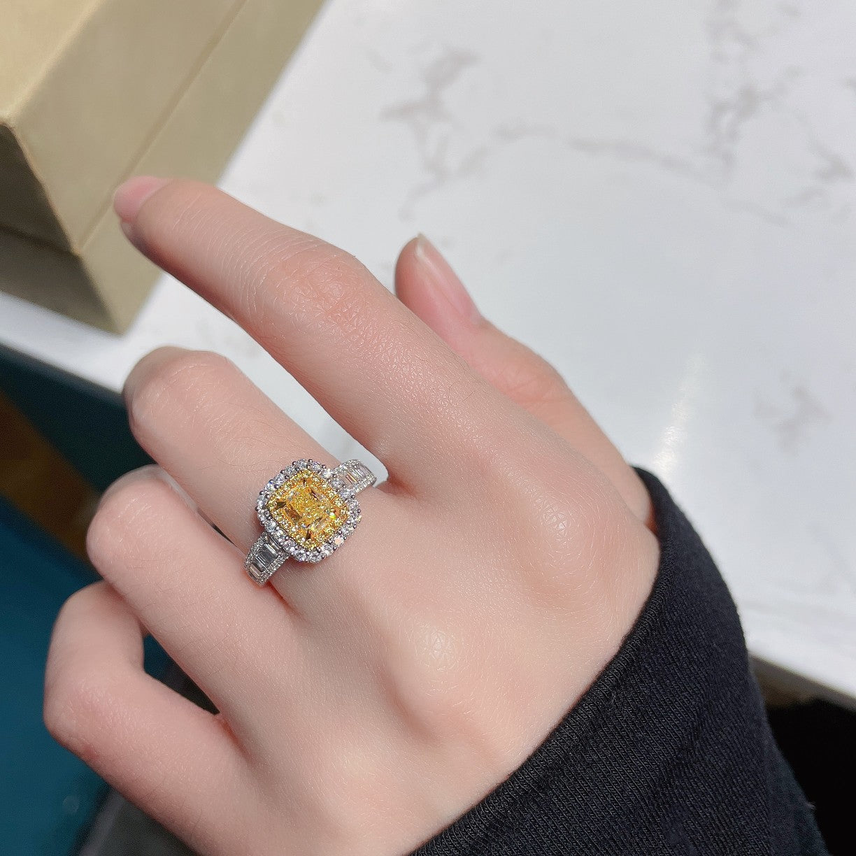 18K Yellow Gold Diamond Cushion-Cut Halo Ring with AGL Certificate | Premium Jewelry - Yellow Diamond Ring