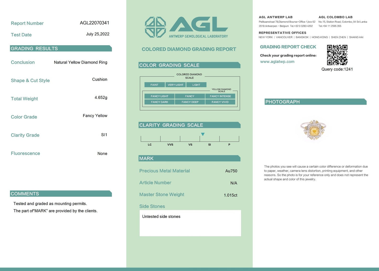 18K Yellow Gold Diamond Cushion-Cut Ring with AGL Certificate - Luxurious Jewelry - Yellow Diamond Ring